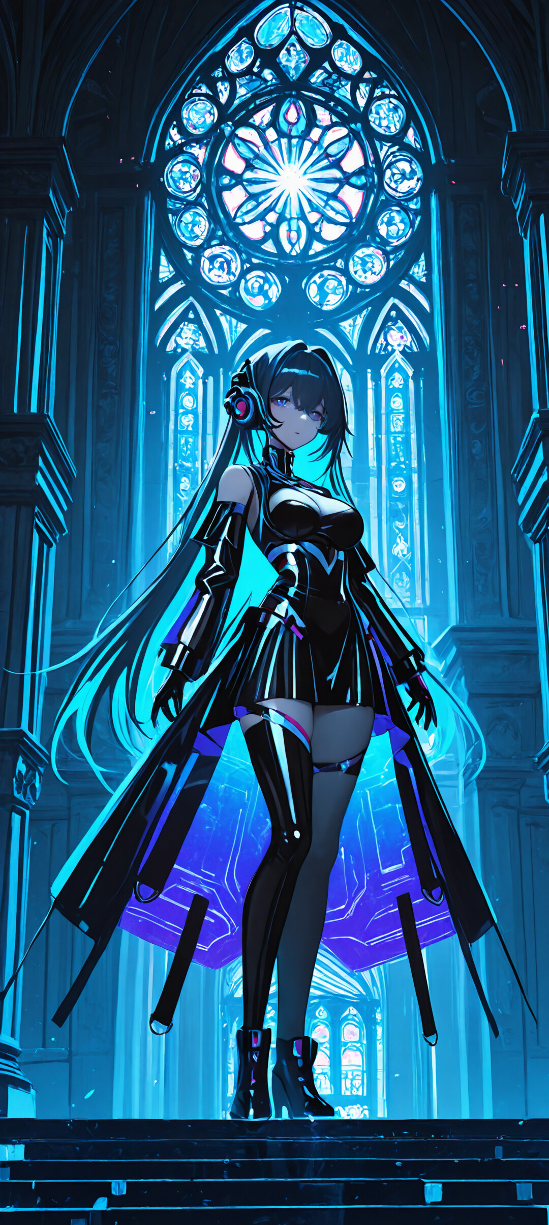 Un’illustrazione che raffigura una donna in stile anime, con lunghi capelli blu, indossa una tuta aderente futuristica nera e blu e si trova all’interno di una cattedrale gotica, immersa nell’oscurità e illuminata da luci al neon blu.