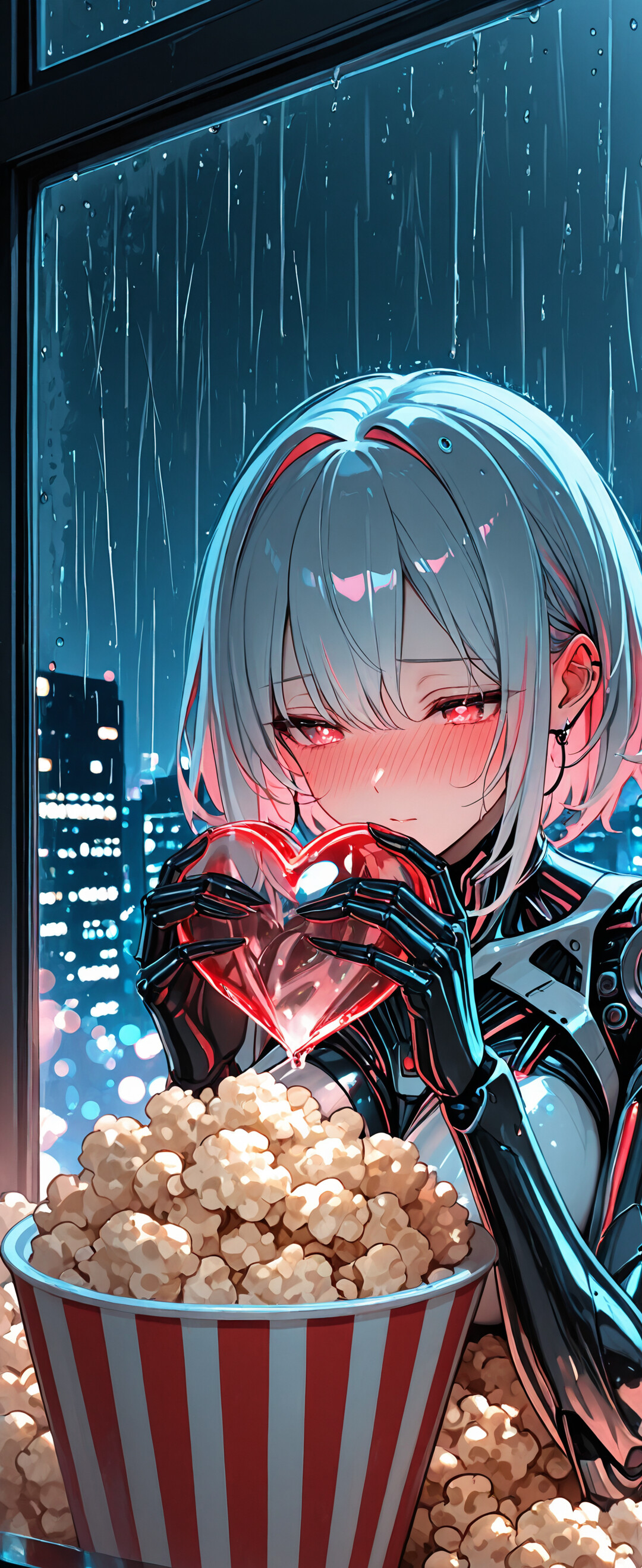 Una ragazza cyborg in stile anime, con capelli corti di colore azzurro chiaro e occhi azzurri, arrossisce mentre tiene in mano un grande secchio a righe rosse e bianche pieno di popcorn. Un cuore rosa e trasparente è appoggiato sopra il popcorn. È in piedi davanti a una finestra che mostra una città piovosa di notte.