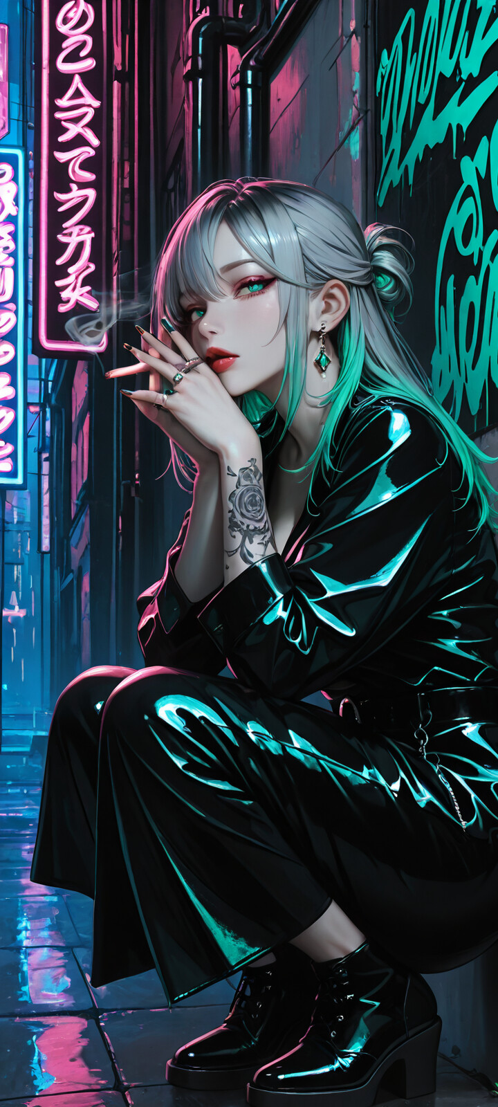 Un’illustrazione in stile anime che raffigura una giovane donna con i capelli grigi, alcune ciocche verdi e occhi di un verde brillante, inginocchiata in un vicolo buio illuminato da luci al neon, mentre fuma una sigaretta e guarda direttamente l’obiettivo. Ha un grande tatuaggio a forma di rosa sul braccio.