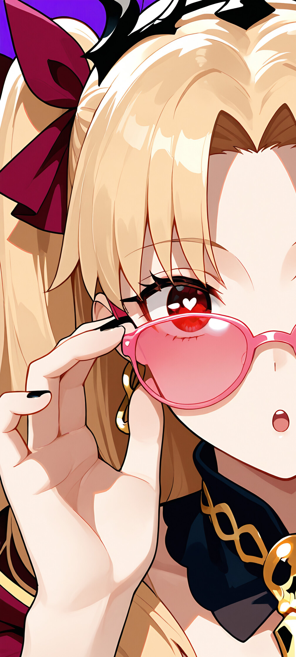 Un’illustrazione in stile anime del personaggio Ereshkigal, tratta da Fate/Grand Order. È una ragazza bionda con occhi rossi a forma di cuore, indossa una corona nera e si abbassa leggermente per guardare lo spettatore, portando un paio di occhiali da sole rosa.
