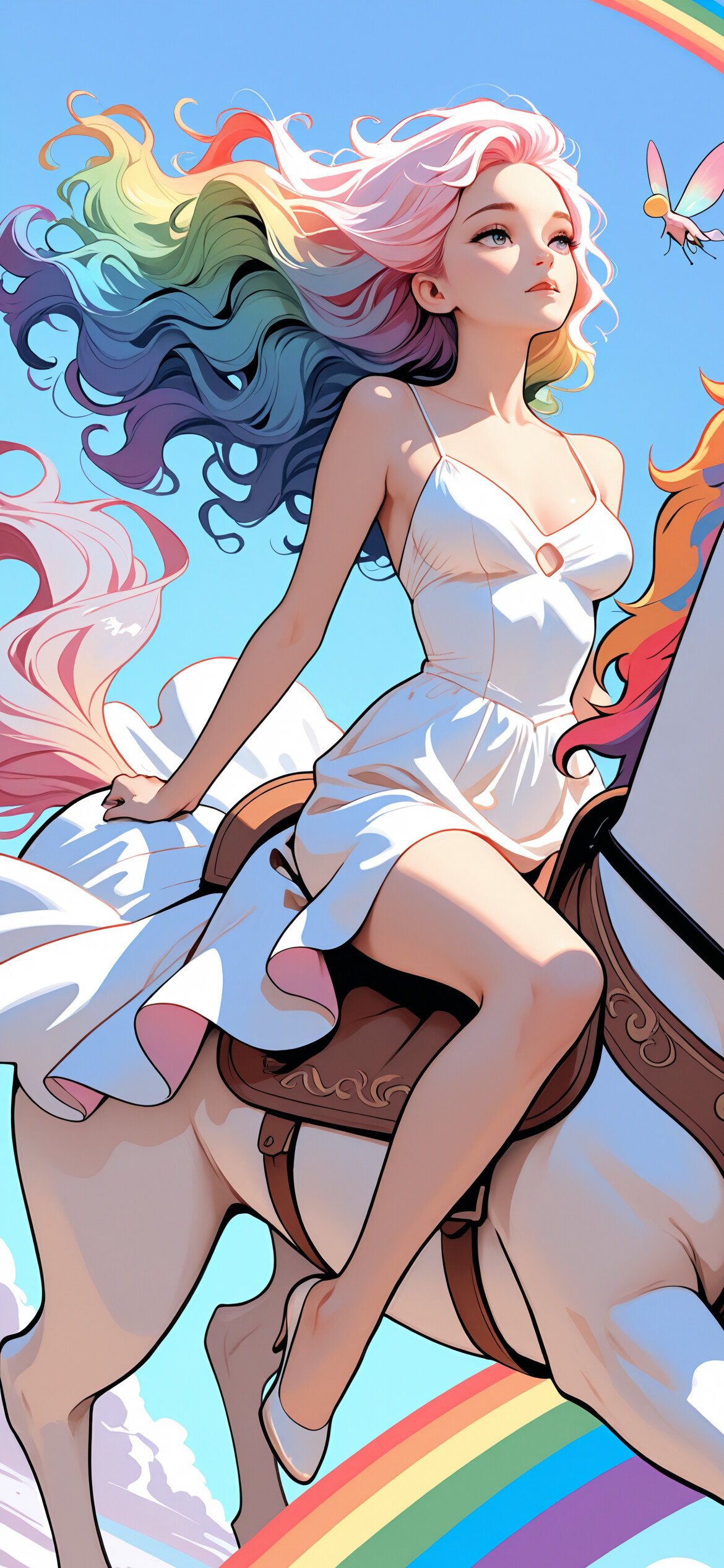 Una giovane donna con i capelli dai colori dell’arcobaleno e grandi ali variopinte cavalca un Pegaso bianco con una criniera arcobaleno attraverso un cielo azzurro e nuvoloso. Sotto di loro si intravede un arcobaleno.