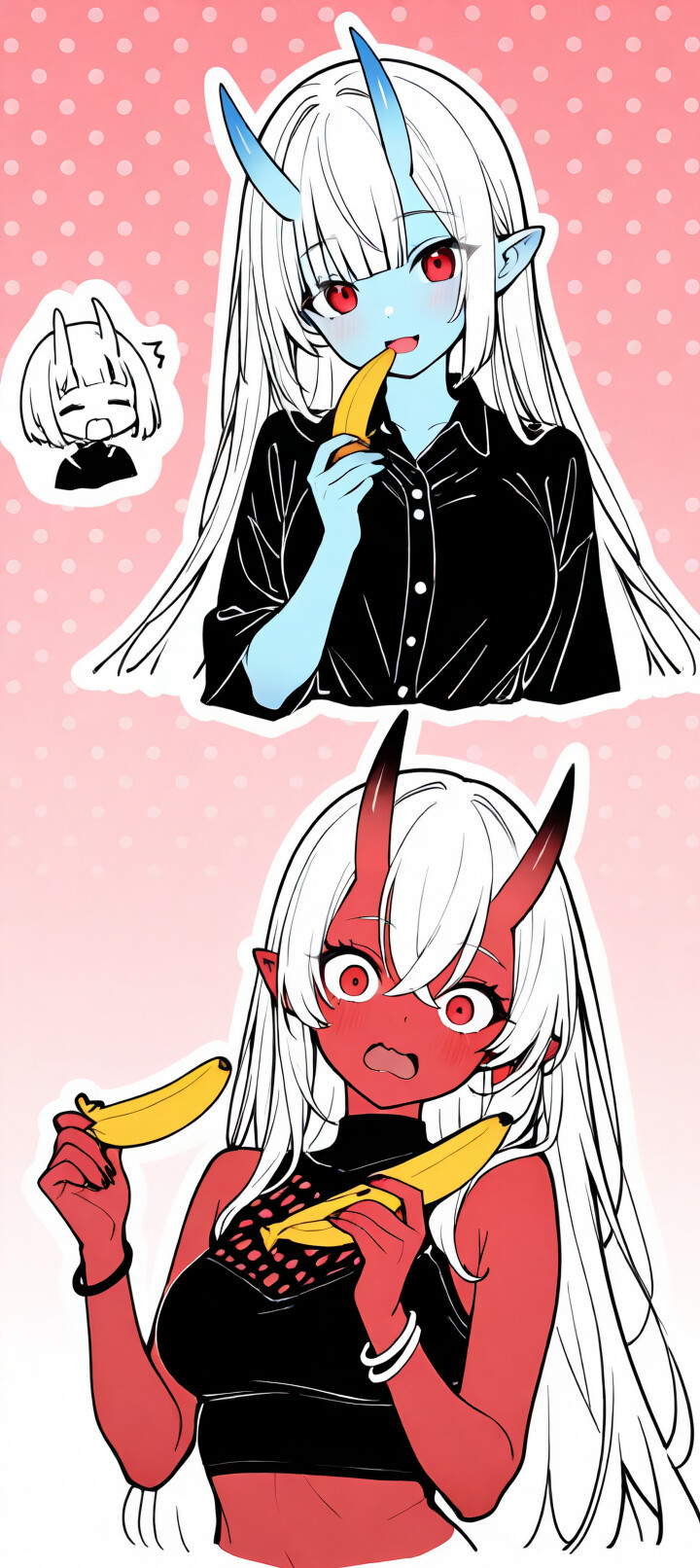 Una ragazza anime dalla pelle blu, con lunghi capelli bianchi, occhi rossi e corna con la punta rossa, che appare sorpresa e arrossisce molto. Indossa un top nero a maniche corte con un colletto alto, su uno sfondo rosa a pois.