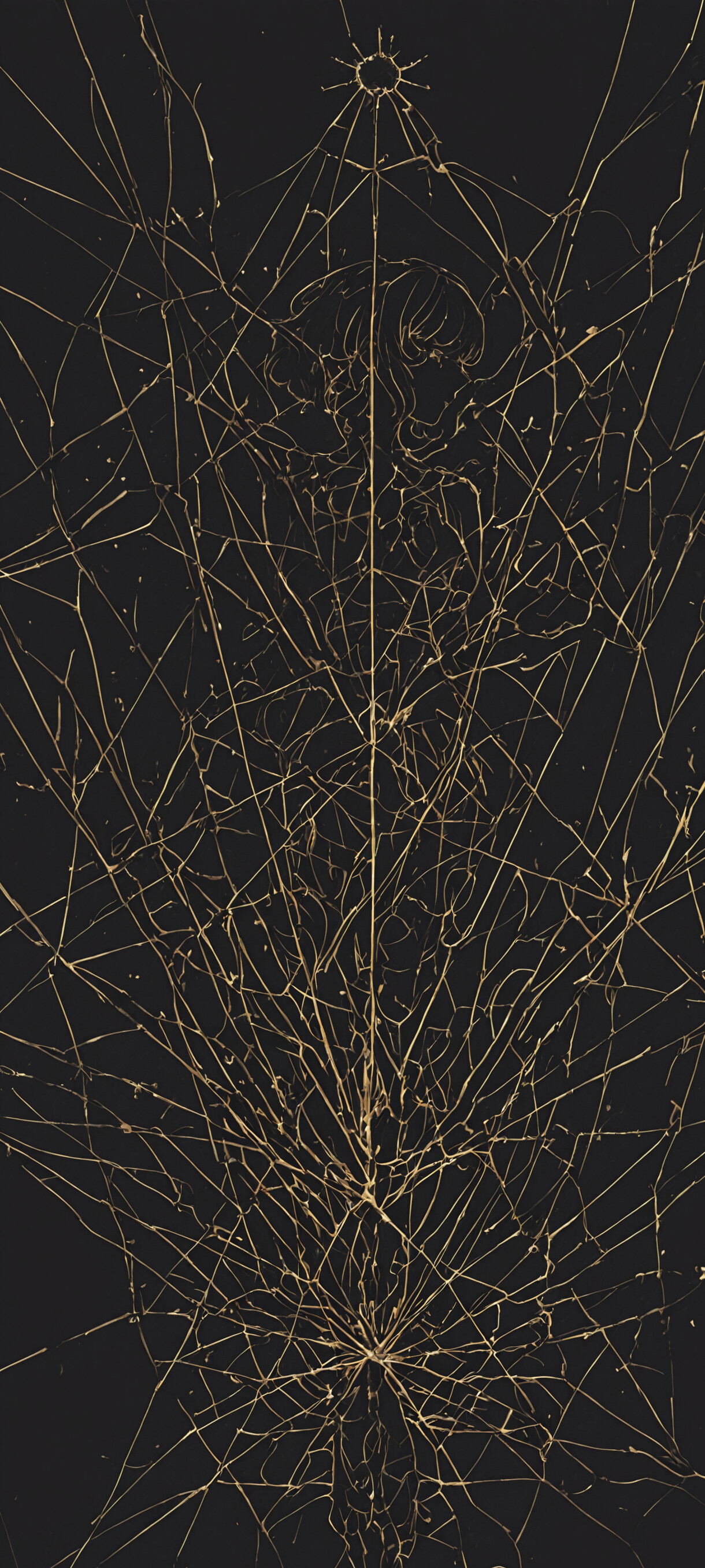 Un’opera d’arte astratta moderna che raffigura Rei Ayanami, personaggio di Neon Genesis Evangelion, di profilo. L’immagine è un disegno a linee realizzato con un colore rame brillante su uno sfondo a griglia scura, con il lato della sua testa che si dissolve in una spirale caotica e affascinante.