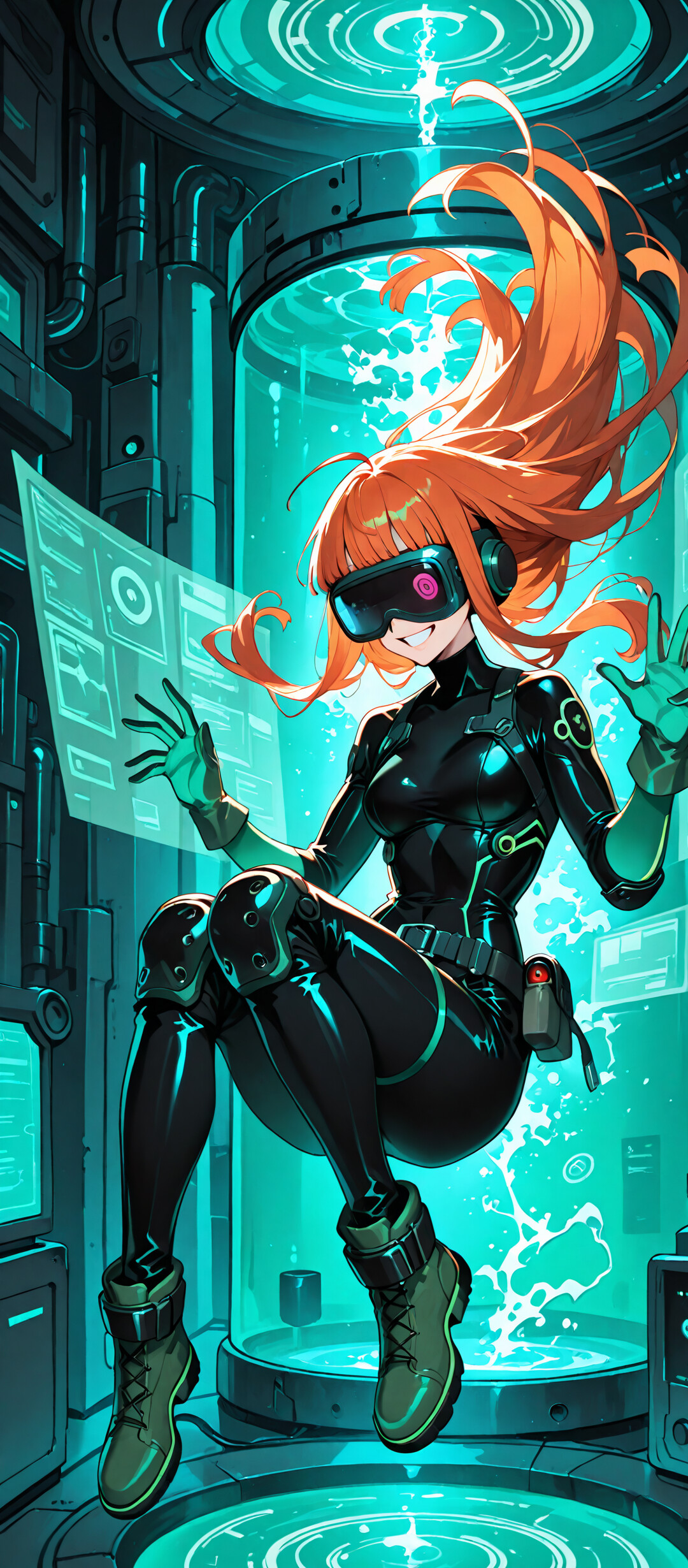 Un’illustrazione in stile anime di Futaba Sakura, personaggio di Persona 5, che fluttua in un contesto fantascientifico. Ha lunghi capelli arancioni, indossa gli occhiali e ha un ampio sorriso. È vestita con la sua tuta nera da Oracle, con un visore per la realtà virtuale, guanti verdi e stivali, e ha le braccia sollevate in aria.
