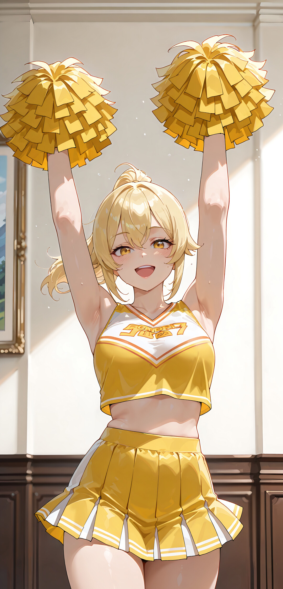 Un’illustrazione in stile anime che raffigura Lumine, personaggio del videogioco Genshin Impact, vestita da cheerleader. È una ragazza bionda con gli occhi dorati, sorridente e con in mano due pon-pon gialli, in una stanza luminosa con finestre.