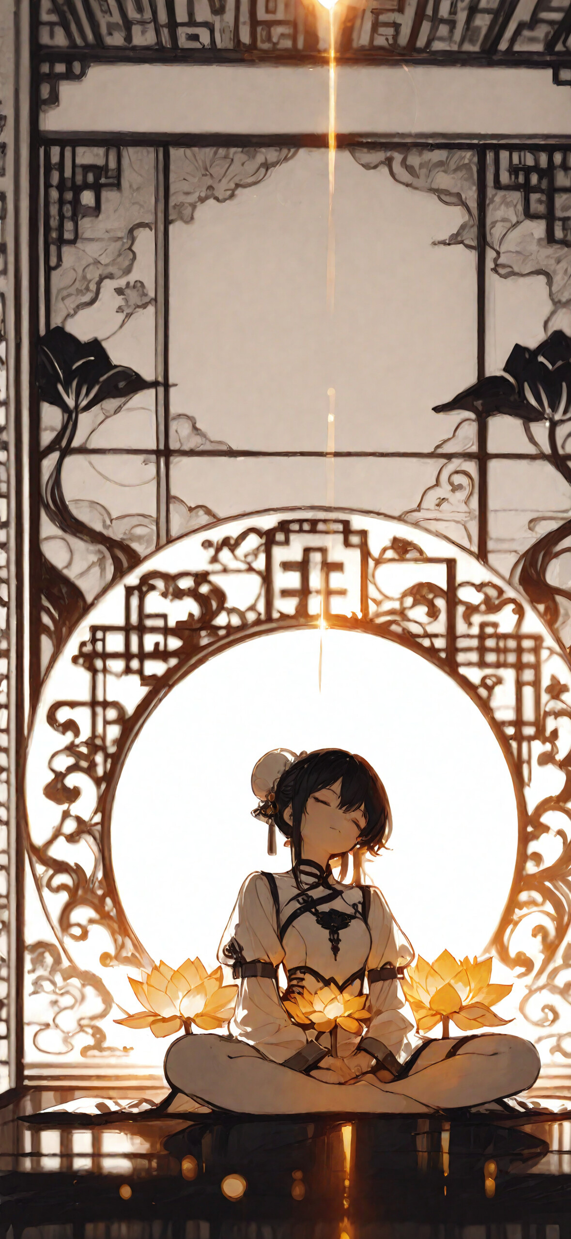 Una ragazza anime con i capelli bianchi raccolti in due chignon è seduta in posizione del loto, immersa nella meditazione. Indossa un abito qipao bianco ed è circondata da fiori di loto dorati e da un alone luminoso, sullo sfondo di paraventi cinesi.