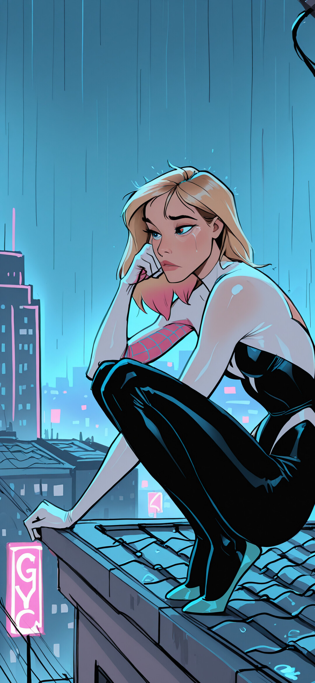 Gwen Stacy nei panni di Spider-Gwen, con la sua iconica tuta in bianco e nero, accovacciata pensierosa su un tetto bagnato, in una città illuminata dai neon e immersa nella pioggia notturna.