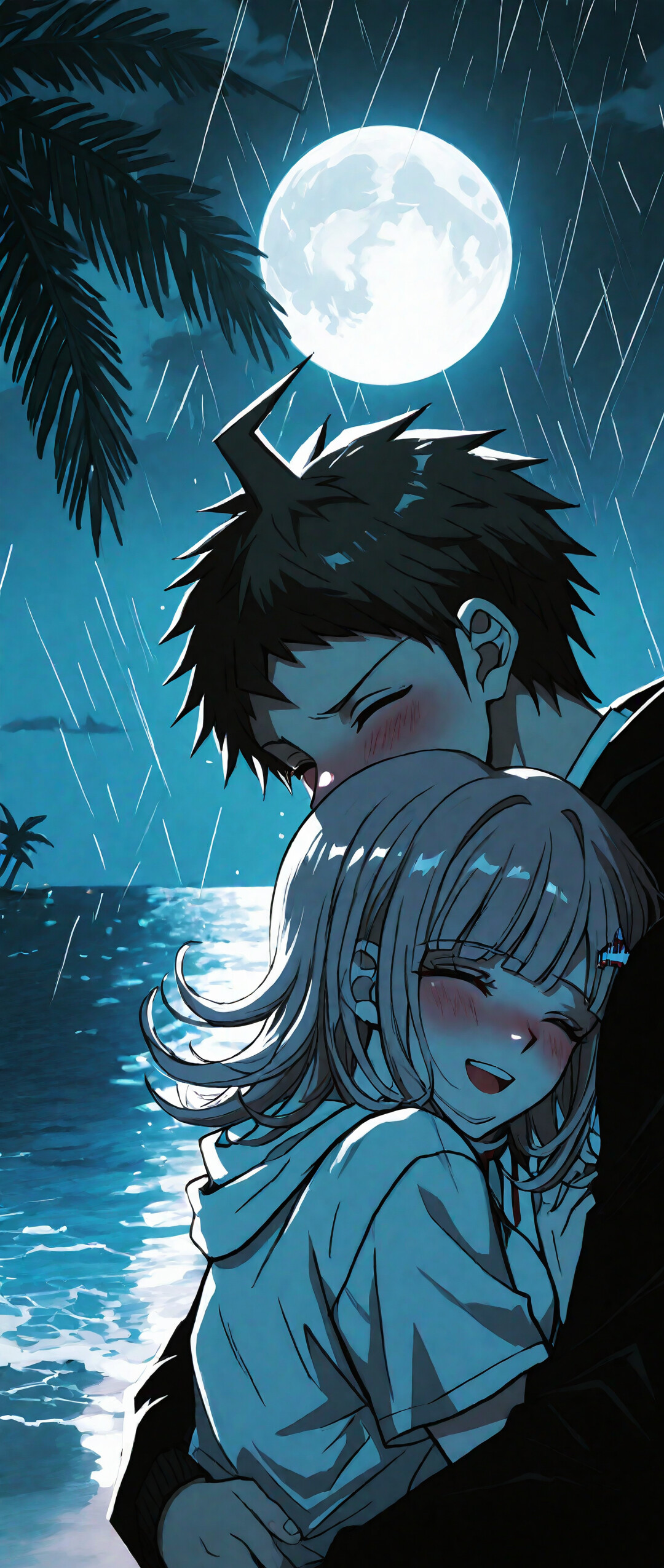 Disegno amatoriale in stile anime che raffigura Hajime Hinata e Chiaki Nanami, personaggi di Danganronpa, mentre si abbracciano affettuosamente su una spiaggia piovosa di notte, con una luna piena e delle palme sullo sfondo.