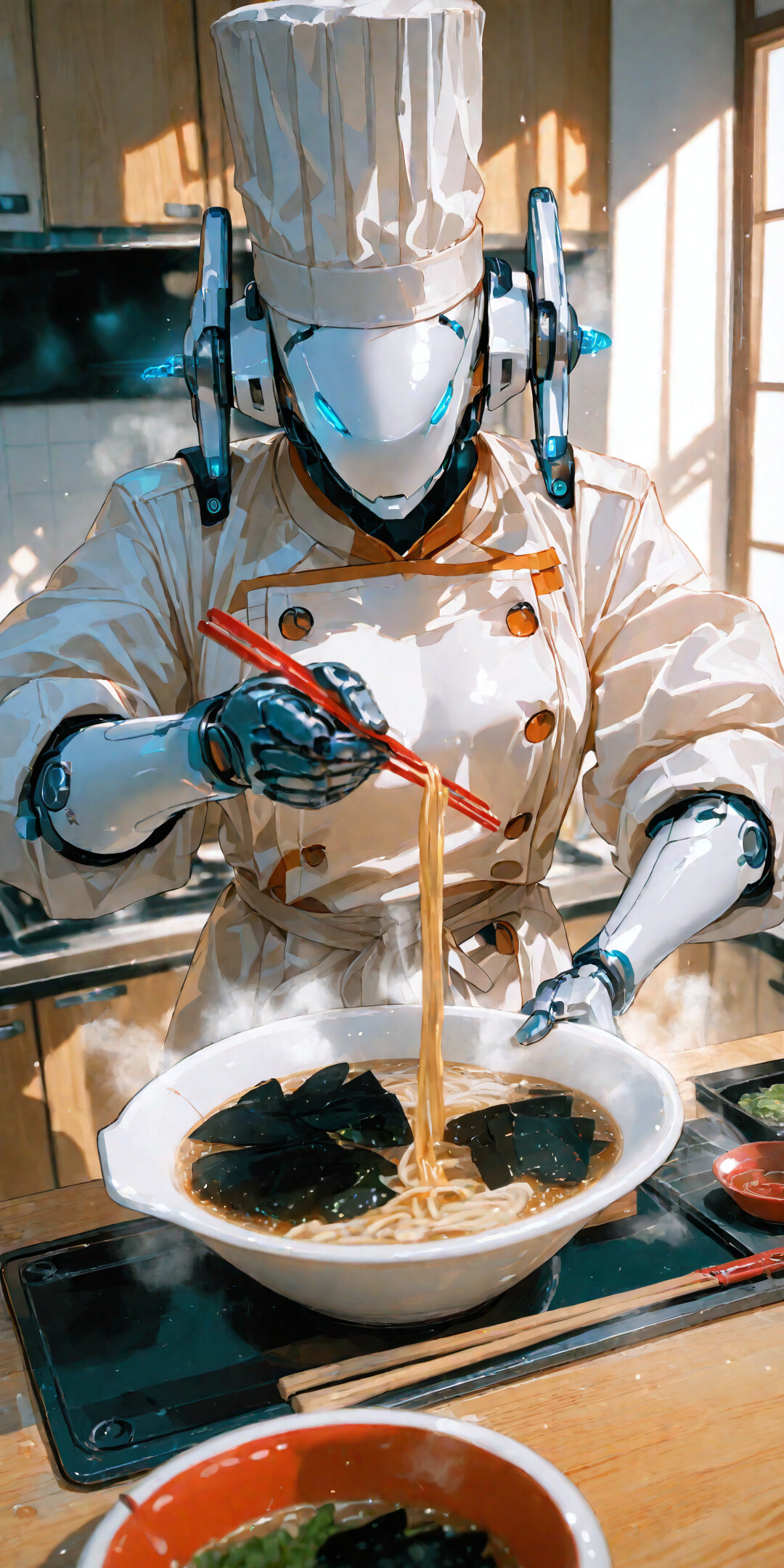Un robot bianco e futuristico, vestito con l’intera uniforme da chef, compreso un alto cappello da cuoco, utilizza delle bacchette rosse per sollevare gli spaghetti da una fumante ciotola di ramen giapponese in una cucina.