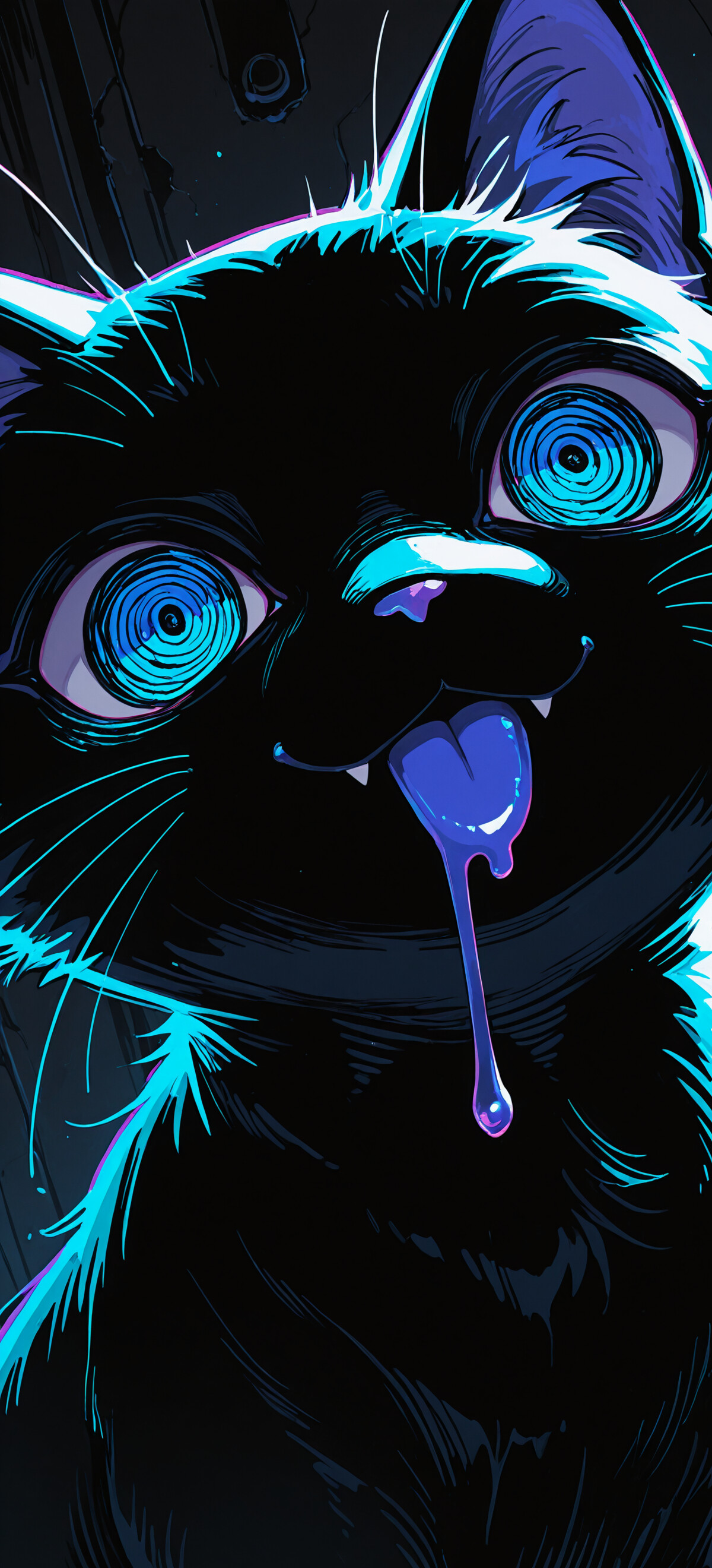 Un’illustrazione stilizzata, che mostra in primo piano il volto di un gatto bianco. Il gatto ha occhi grandi e scuri, con riflessi viola, una folta criniera nera sulla testa e una bocca spalancata, con la lingua di fuori e la bava che cola. Indossa un collare nero a punte, con una campanella dorata.