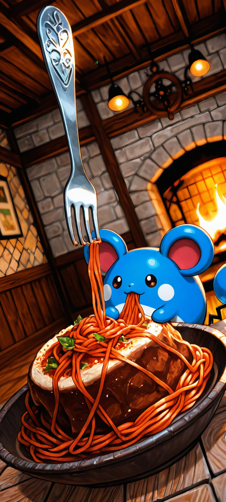 Il Pokémon Marill, una creatura rotonda di colore blu con grandi orecchie, è seduto a un tavolo di legno in una stanza rustica e sta mangiando con gusto un grande piatto di spaghetti, tenendo una forchetta in bocca. Sullo sfondo, si intravede un caldo camino e una mensola con delle bottiglie, creando un’atmosfera accogliente.