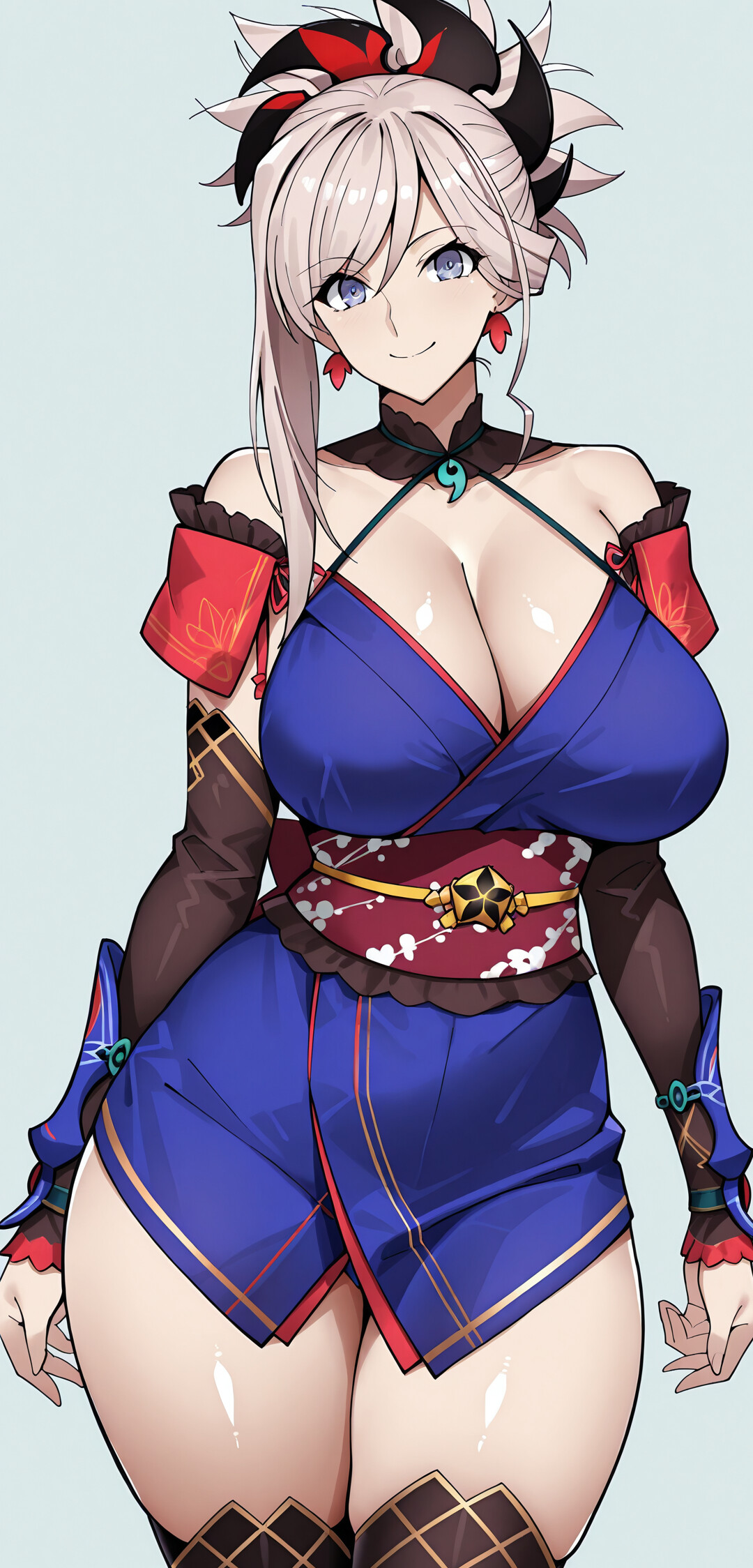 Un’illustrazione in stile anime di Miyamoto Musashi tratta da Fate/Grand Order, che la ritrae sorridente mentre indossa un kimono blu, protezioni marroni per le braccia e i capelli raccolti in una lunga coda di cavallo.