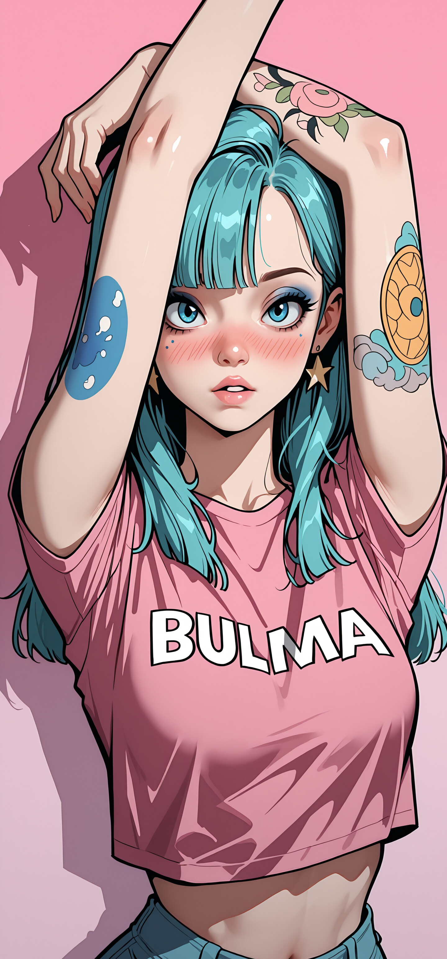 Un’illustrazione in stile anime di Bulma, personaggio di Dragon Ball, con i capelli e gli occhi azzurri. Indossa un top corto rosa con la scritta «BULMA», jeans blu e orecchini a forma di stella. Ha dei tatuaggi a forma di rosa sul braccio ed è ritratta in posa, con le mani dietro la testa, su uno sfondo rosa.