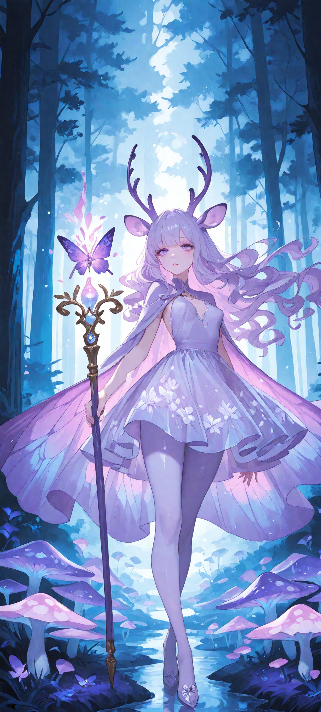 Una ragazza in stile anime, con lunghi capelli color lavanda, corna da cervo e ali di farfalla viola, che tiene in mano un bastone luminoso in una foresta magica viola, piena di funghi luminescenti.