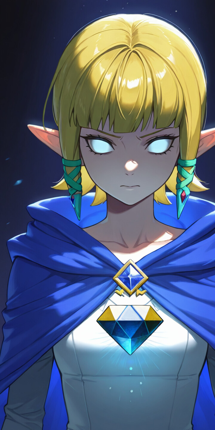 Un’illustrazione in stile anime della principessa Zelda, con occhi azzurri luminosi, che indossa un mantello azzurro con cappuccio e tiene in mano una gemma azzurra scintillante. Il simbolo della Triforza è sulla sua fronte.
