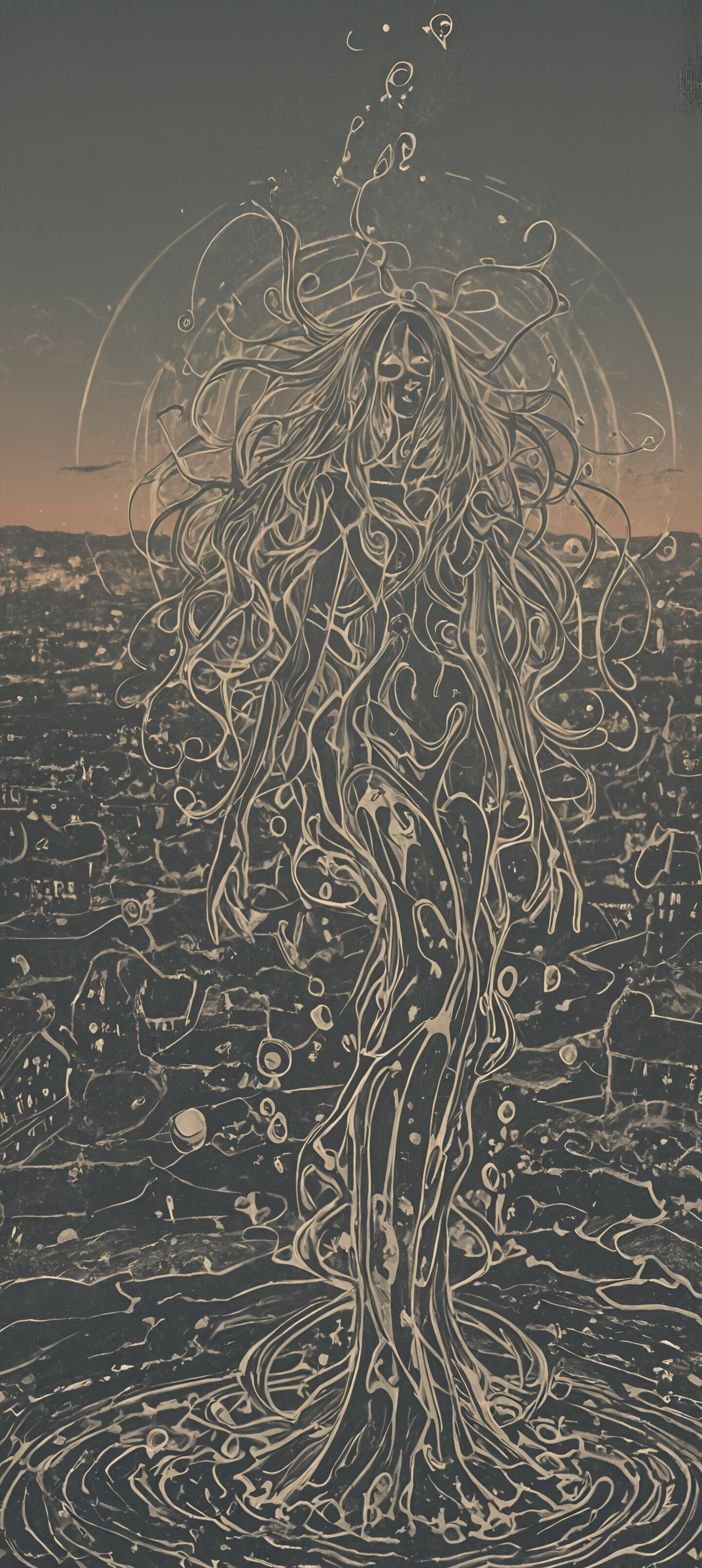 Un dipinto astratto con uno sfondo scuro, ricoperto da una fitta e complessa rete di linee e punti dorati che si intrecciano. Nella parte superiore centrale, una singola sfera luminosa e brillante funge da punto focale.