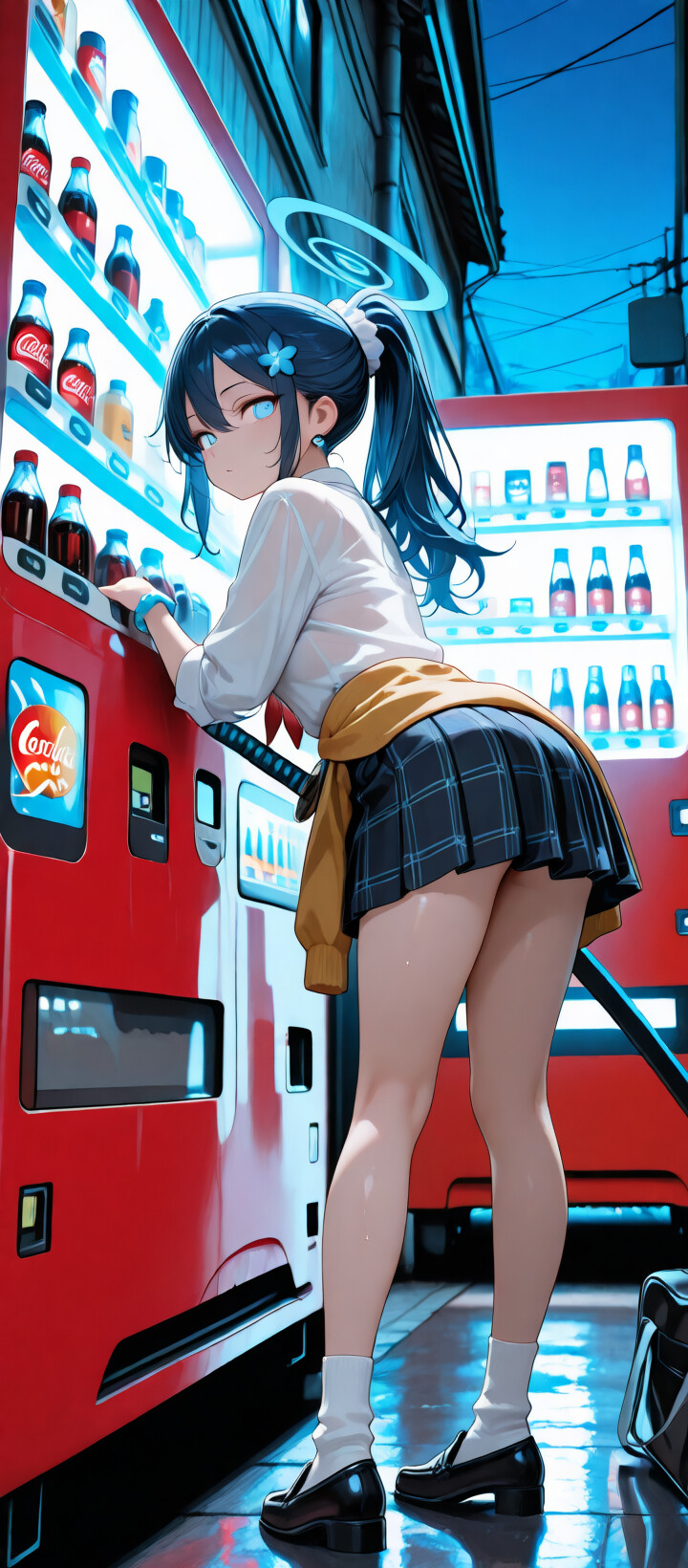 Una ragazza anime con capelli azzurri, un’aureola e occhi azzurri luminosi, identificata come Arona di Blue Archive, è in piedi in un vicolo buio della città, tenendo in mano una katana azzurra che emana luce, accanto a una macchina distributrice rossa.