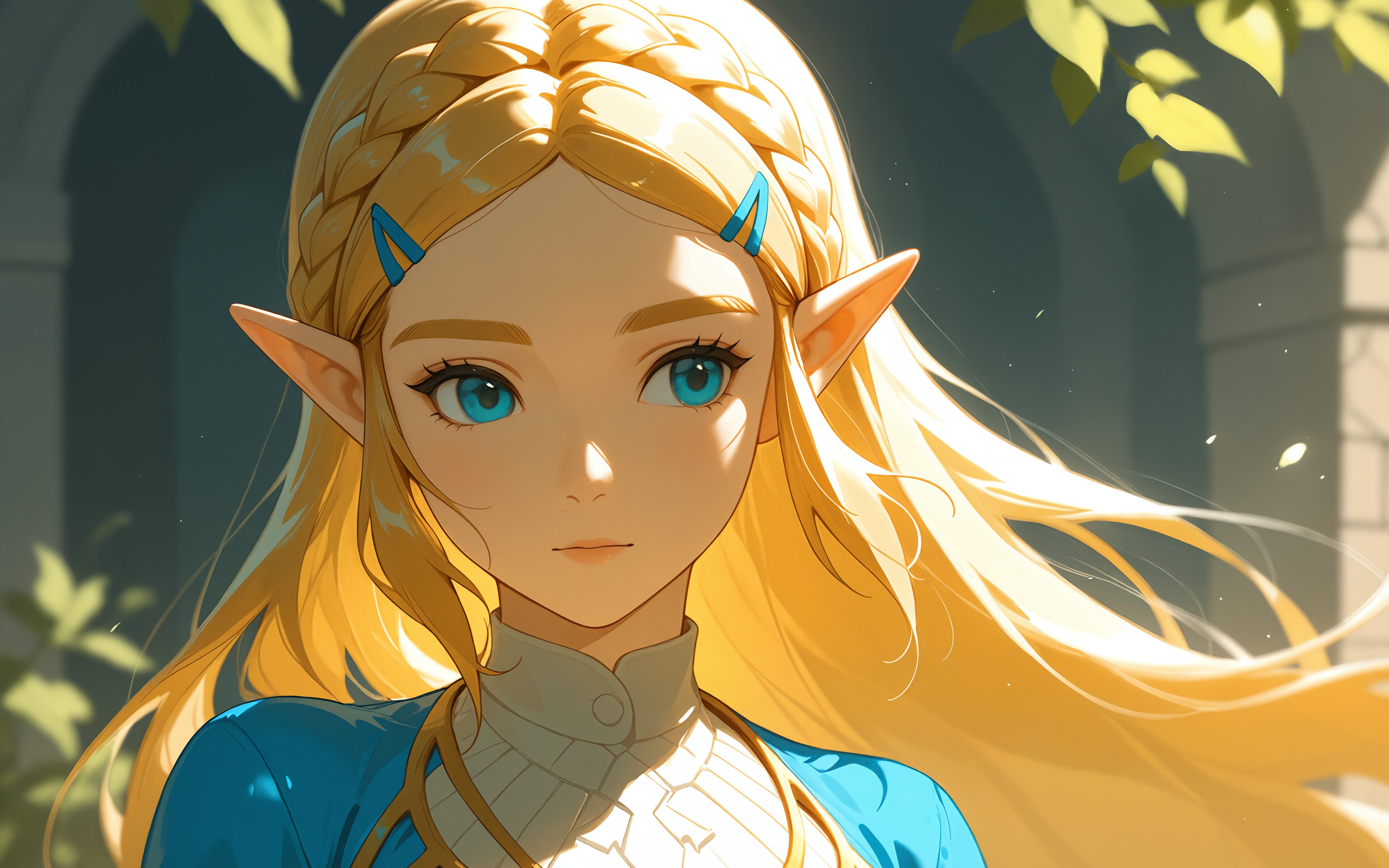 Un’illustrazione in stile anime della principessa Zelda, tratta dalla serie The Legend of Zelda. Ha lunghi capelli biondi raccolti in una treccia che le incornicia la testa, occhi azzurri e orecchie a punta, ed è ritratta mentre si volta di spalle, indossando un abito blu e dorato.