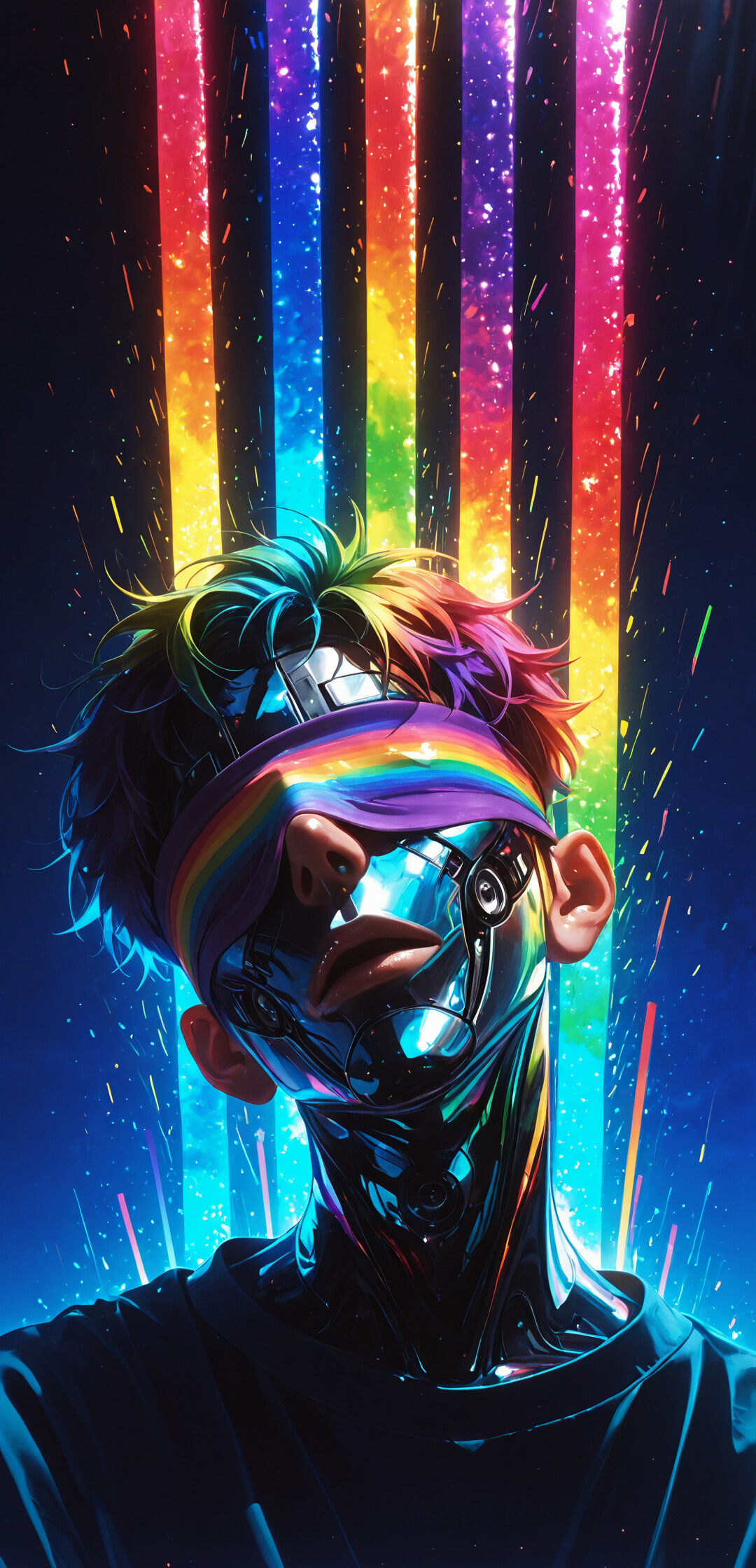 Un’illustrazione digitale che raffigura un giovane con i capelli viola e un volto e un collo cibernetici. Indossa una benda colorata a forma di arcobaleno. Lo sfondo è scuro ed è pieno di fasci di luce al neon verticali, a forma di arcobaleno, e di puntini luminosi.