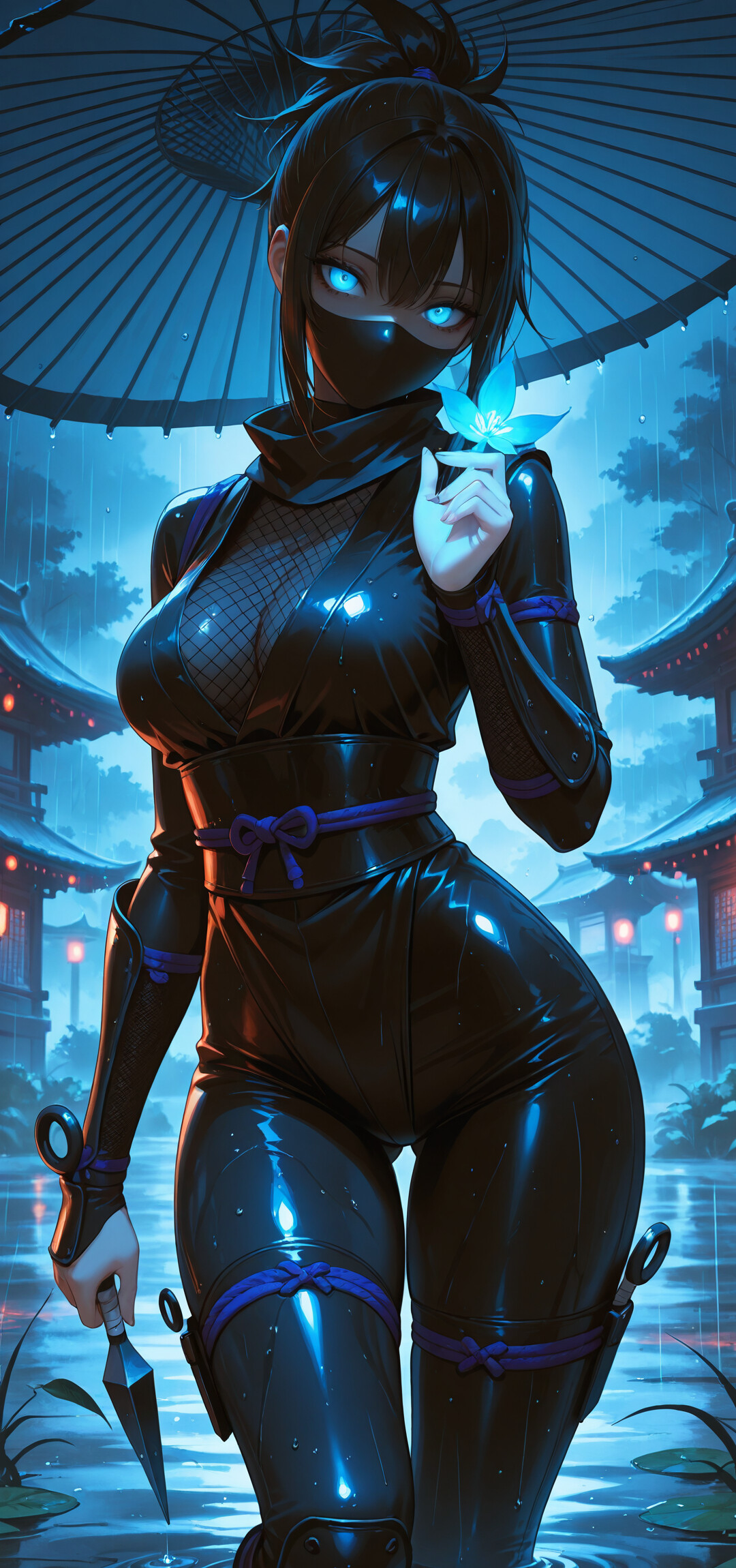 Una ninja femminile, protagonista di un anime, con occhi rossi luminosi e un abito nero con cappuccio, è in piedi sotto la pioggia di notte. Tiene in una mano un ombrello rosso e nell’altra un kunai, mentre sullo sfondo si intravedono edifici giapponesi illuminati da lanterne.
