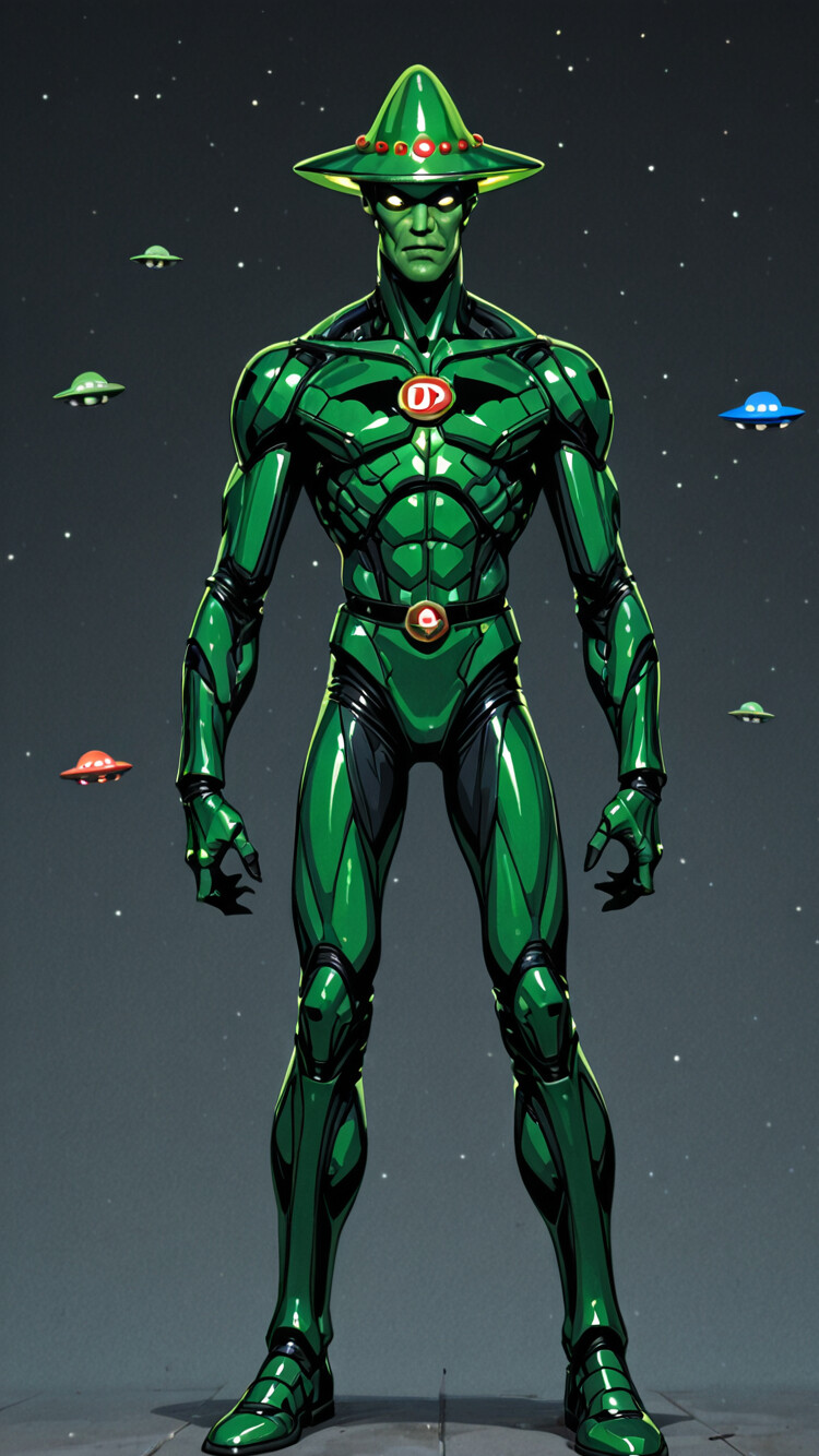 Un grande disco volante verde, in stile cartone animato, con luci gialle luminose e un’antenna, sullo sfondo di un cielo blu scuro punteggiato da stelle bianche.