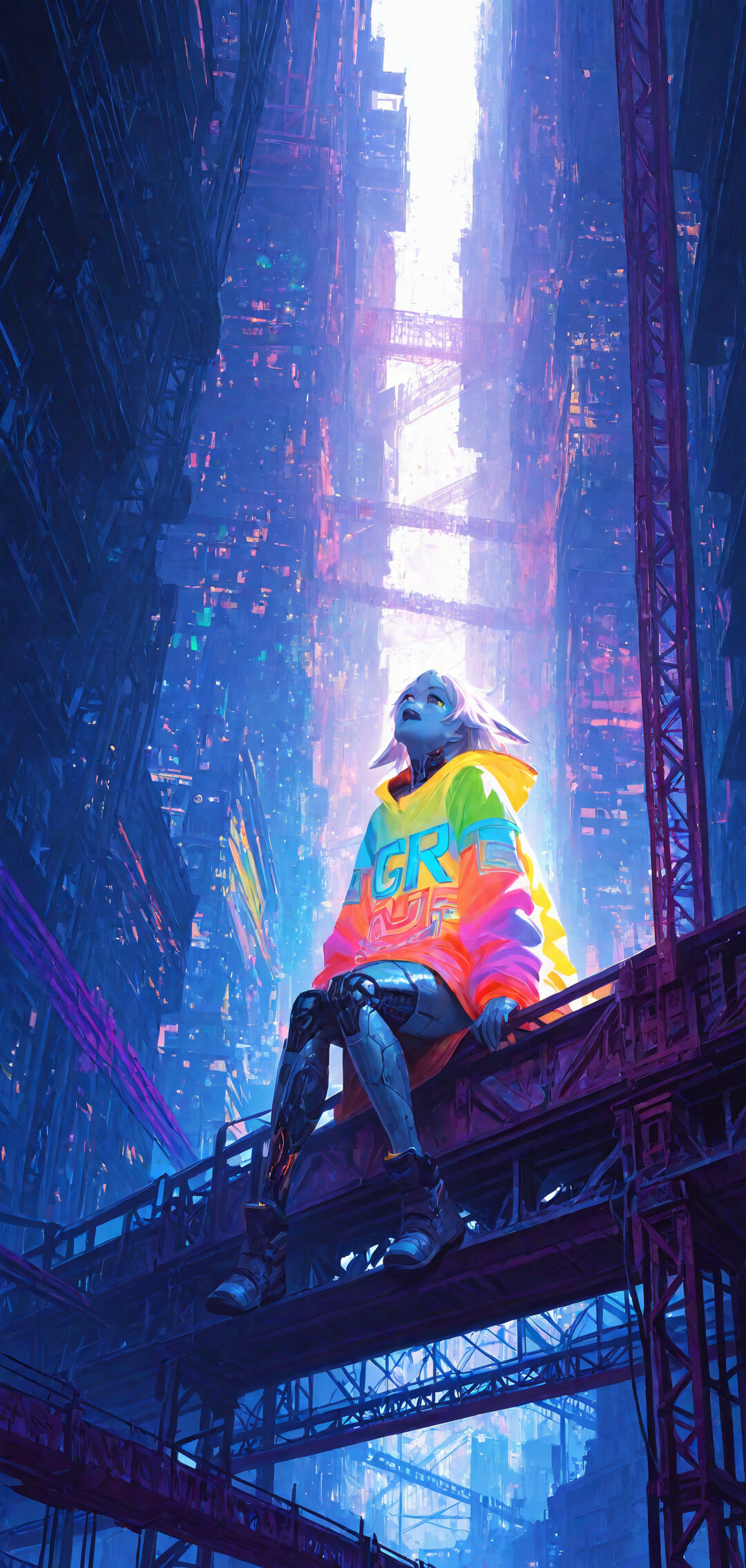 Una giovane donna con i capelli bianchi e una colorata felpa oversize è seduta su un tetto, con lo sguardo rivolto verso l’alto, ammirando una vasta città futuristica in stile cyberpunk illuminata di notte da luci al neon blu e viola.