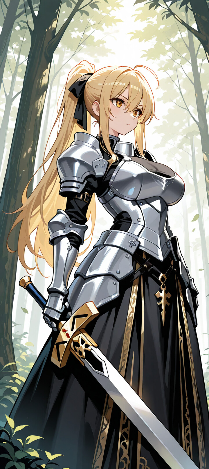 Un’illustrazione in stile anime di Saber Artoria Pendragon, una cavaliere bionda con un’armatura d’argento completa e un abito nero, che riposa sull’erba di una foresta illuminata dal sole, con la sua spada Excalibur accanto a lei.