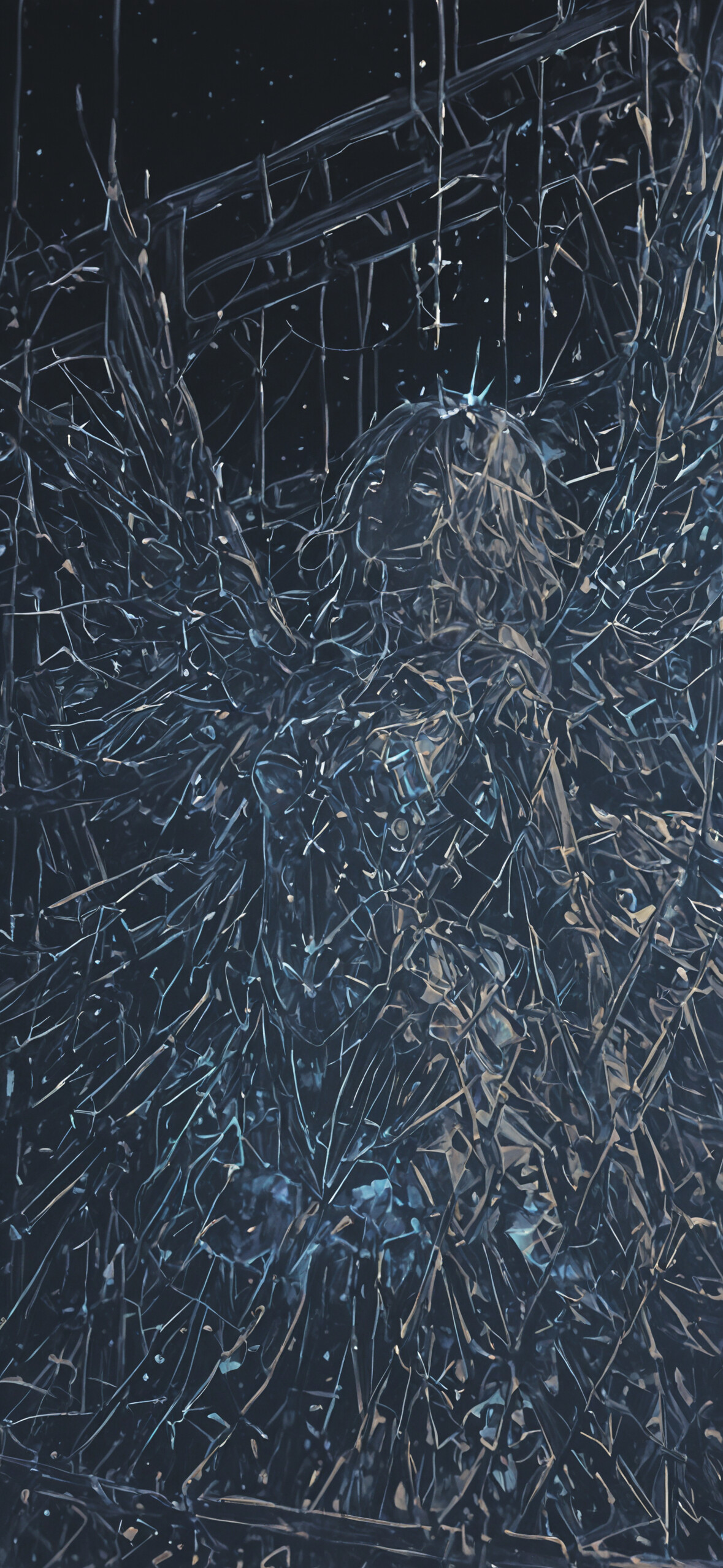 Una figura celestiale, angelica, con grandi ali, si staglia su uno sfondo scuro, costellato di stelle. La figura e le sue ali sono composte da innumerevoli frammenti luminosi, di colore blu e oro, che ricordano stelle infrante o vetro cosmico.