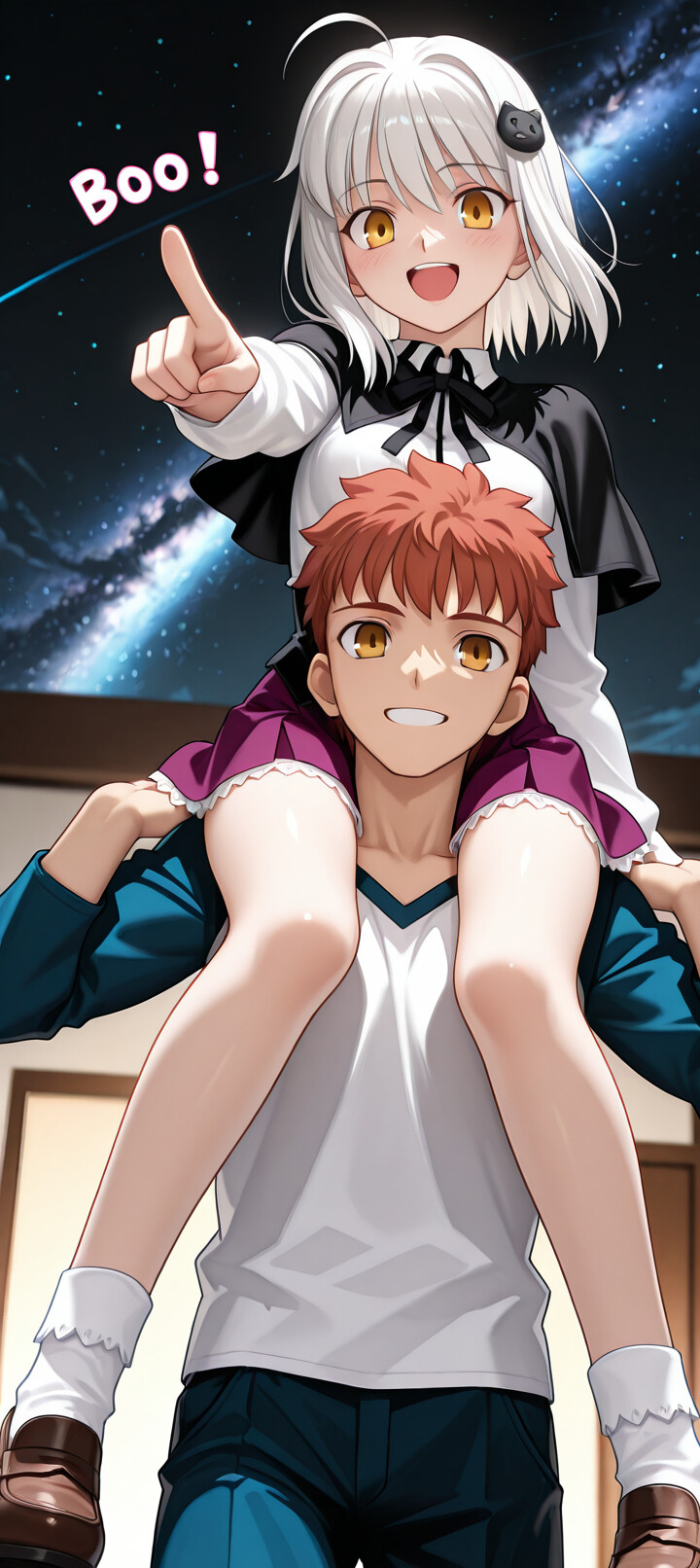 Shirou Emiya, protagonista della serie Fate, sorride mentre fa fare un giro sulle spalle a Sitonai, una ragazza con i capelli bianchi, durante la notte. Entrambi, sotto un cielo stellato con la Via Lattea visibile sullo sfondo, indicano con entusiasmo la direzione da seguire.