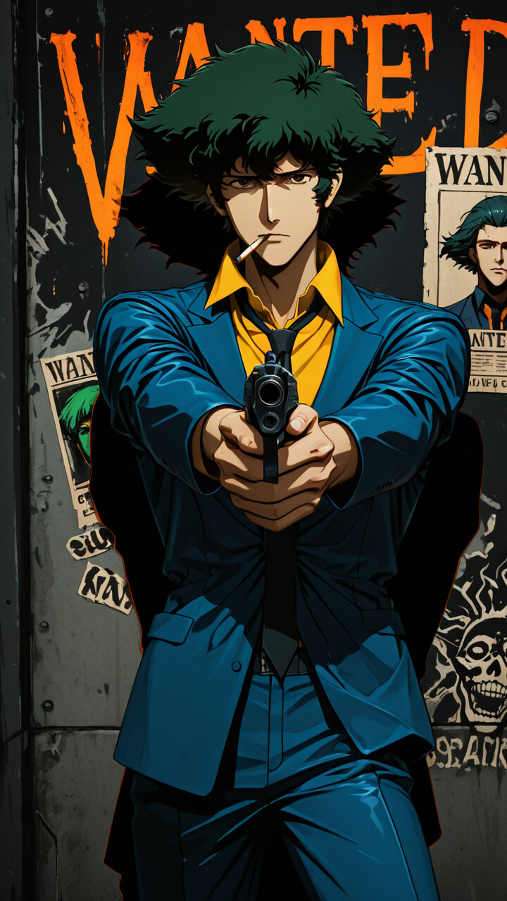 Illustrazione in stile anime di Spike Spiegel, protagonista di Cowboy Bebop, che punta una pistola verso la telecamera. Ha capelli scuri e disordinati, una sigaretta in bocca ed è vestito con un abito blu. Dietro di lui si vede un muro con un grande cartello al neon con la scritta «RICERCATO».