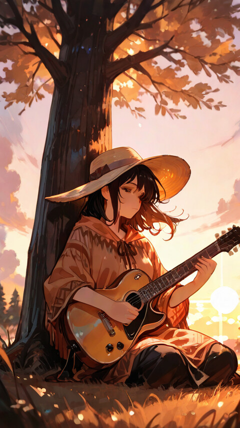 Una ragazza in stile anime, con capelli scuri, indossa un poncho e un cappello a tesa larga ed è seduta accanto a un grande albero al tramonto, mentre suona tranquillamente una chitarra acustica.