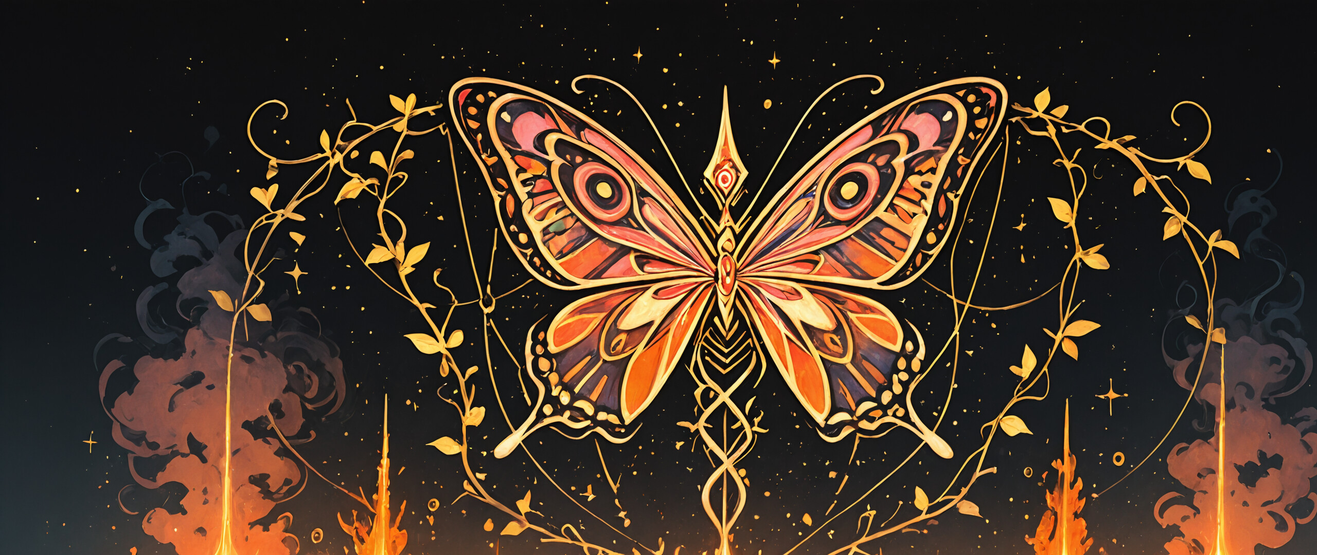 Un elaborato manufatto circolare, dorato, con motivi che ricordano circuiti e incrostato di gemme turchesi, sullo sfondo di un cielo scuro e stellato. Al centro, una brillante esplosione di luce arancione e bianca, simile a una stella, che ricorda un'alba artificiale.