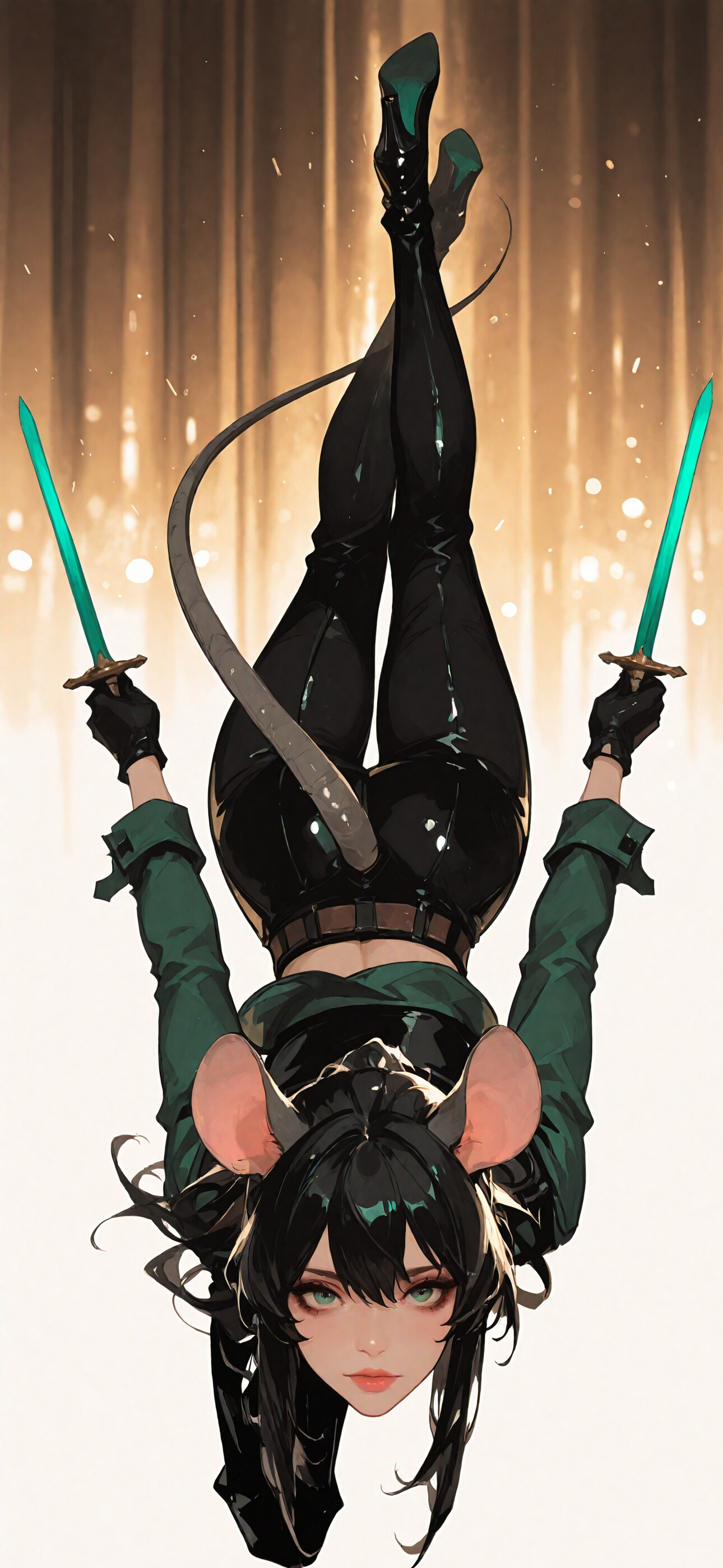 Una protagonista femminile di un anime, con capelli neri, occhi verdi, grandi orecchie da topo e una lunga coda da topo, vestita come un personaggio avventuriero con una camicia verde e pantaloni neri, è sdraiata su un pavimento piastrellato di colore bianco e guarda direttamente l’obiettivo della telecamera.