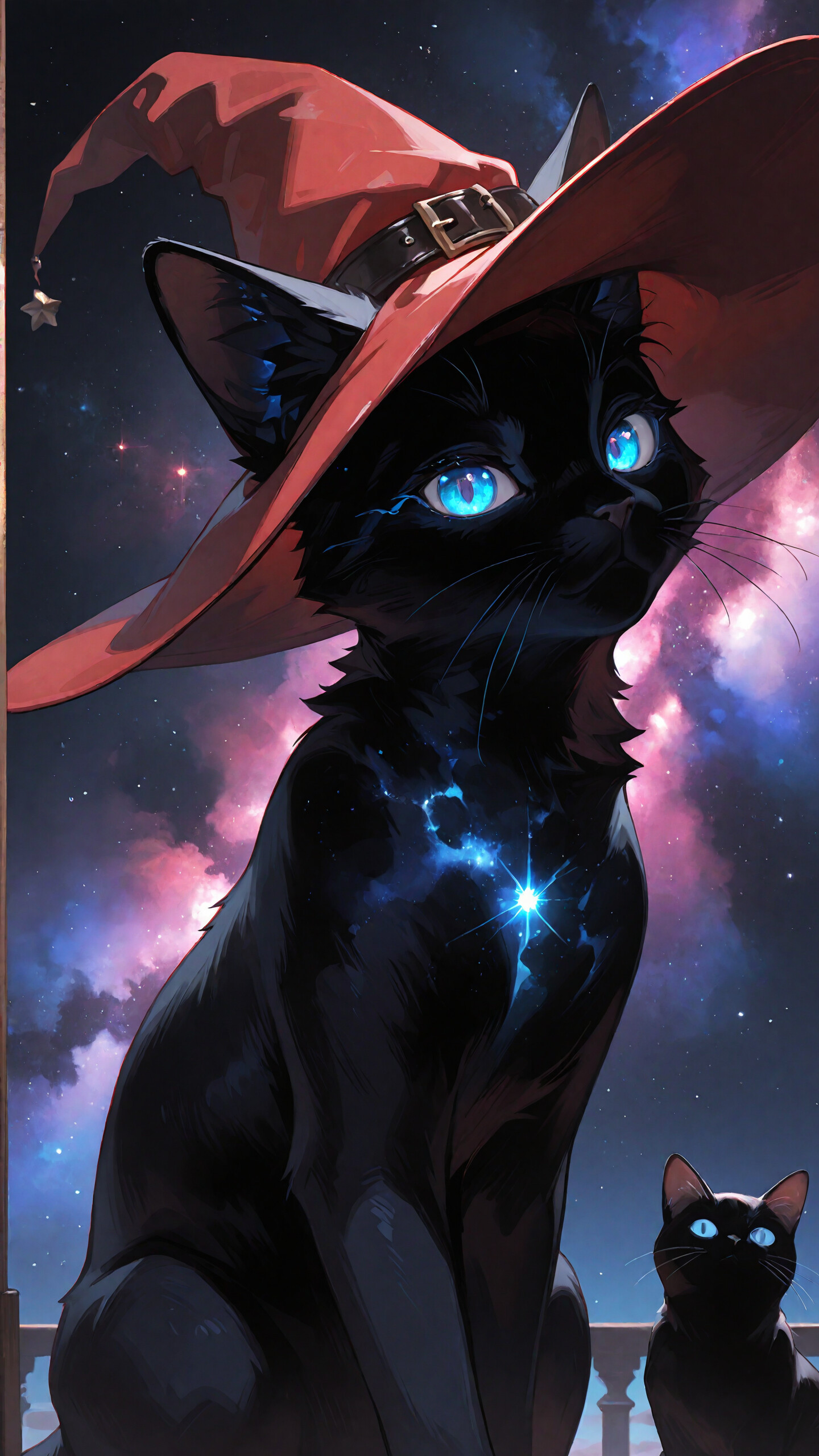 Un’illustrazione digitale che raffigura un elegante gatto nero con occhi azzurri luminosi, che indossa un grande cappello da strega rosso. Il gatto è seduto e guarda direttamente l’osservatore, sullo sfondo di un cielo notturno viola e rosso costellato di nebulose.