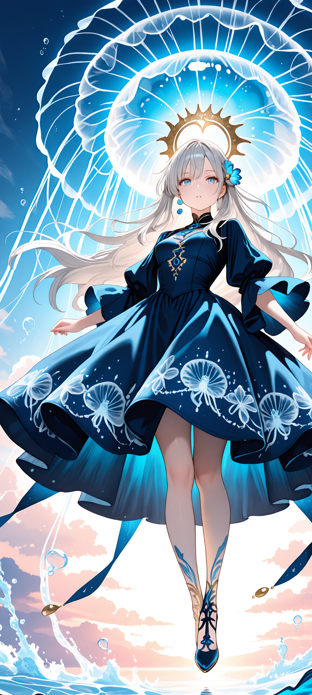 Una ragazza anime con lunghi capelli argentati e un abito blu scuro è in piedi sulla superficie dell’acqua, con una grande medusa blu luminosa sulla testa, come un cappello, sullo sfondo di un cielo azzurro.