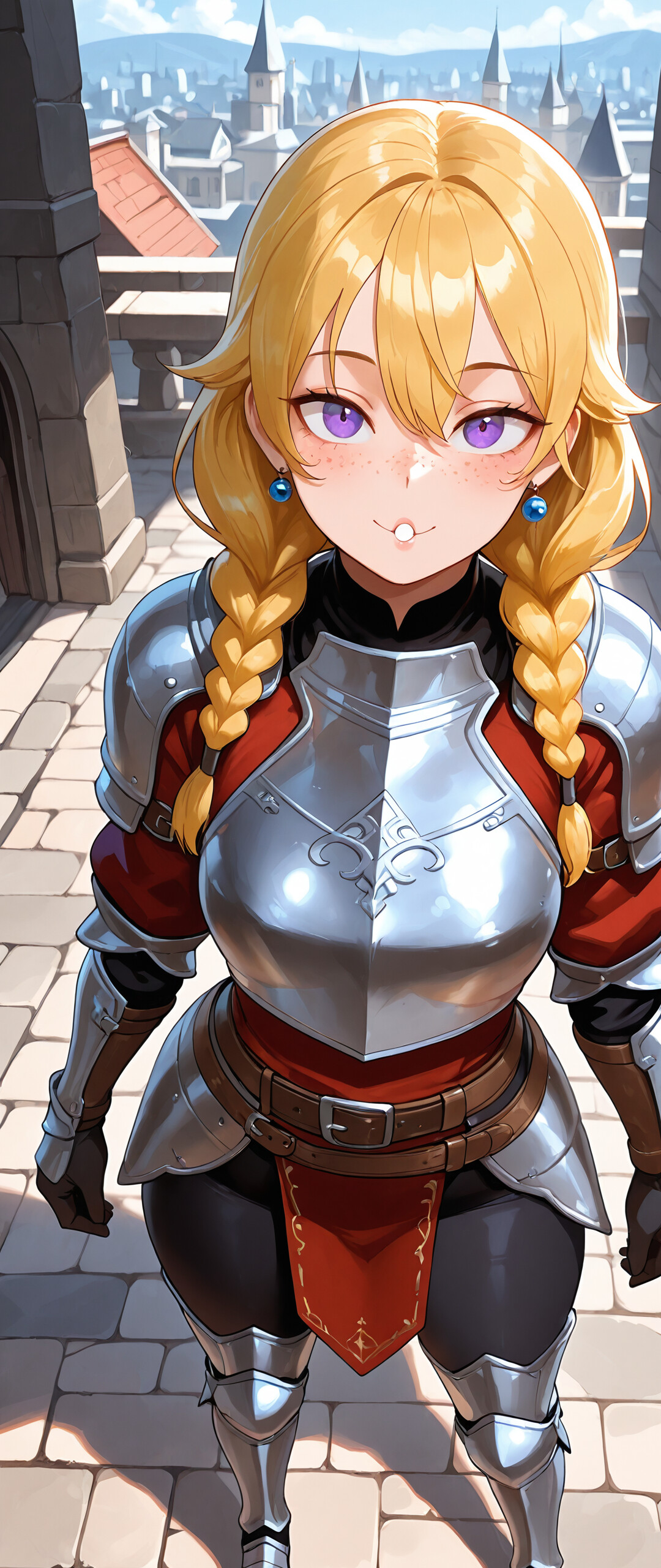Una giovane cavaliere, con lunghe trecce bionde e occhi viola, indossa un’armatura d’argento sopra una tunica viola e si trova su un ponte di pietra in una città medievale, sorridendo e guardando chi la osserva.