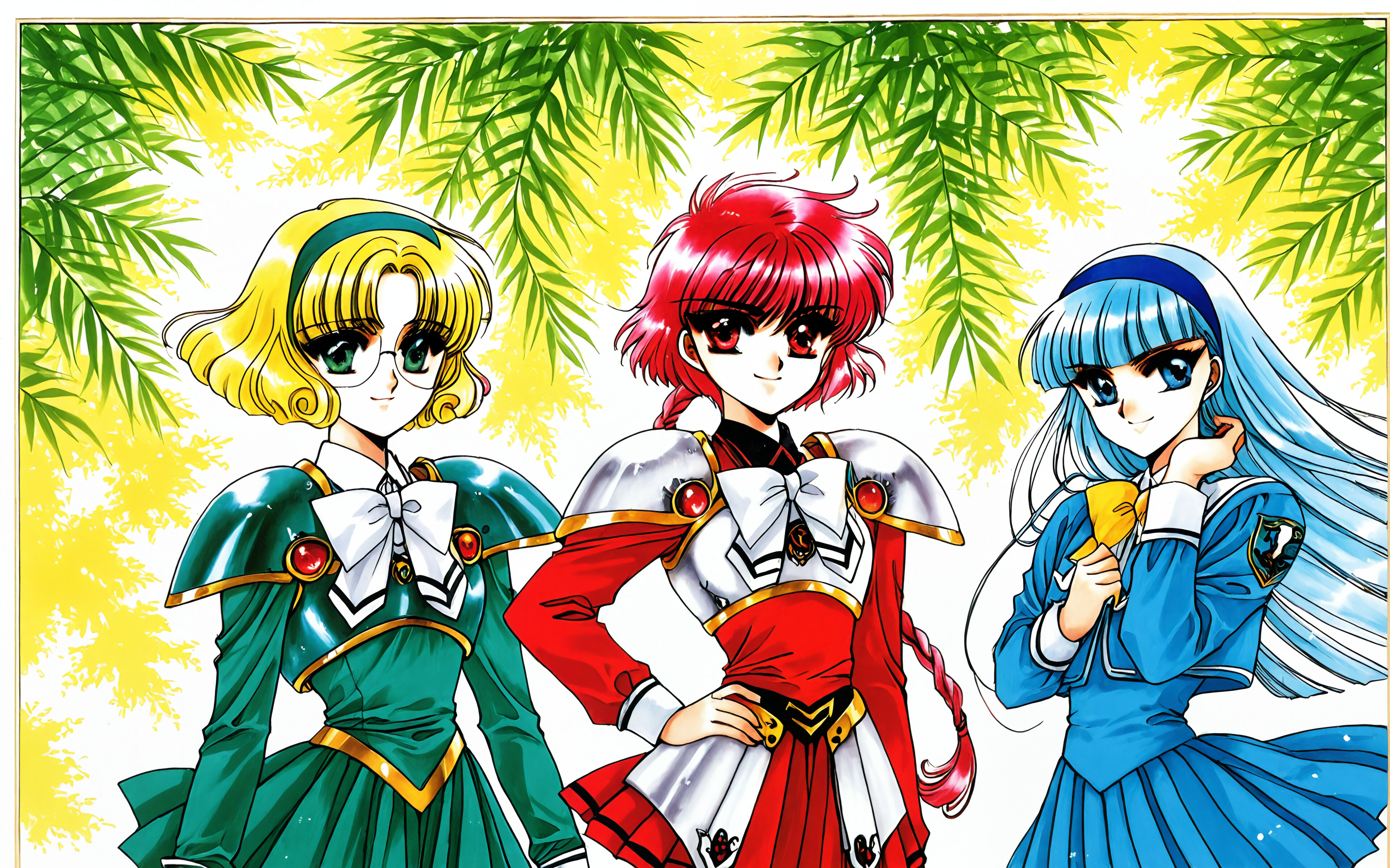 Illustrazione a figura intera di Hikaru Shidou, Umi Ryuuzaki e Fuu Hououji, tratta da Magic Knight Rayearth. Hikaru ha i capelli rossi, Umi ha i capelli blu e Fuu ha i capelli biondi e indossa gli occhiali. Sono vestiti con uniformi scolastiche corazzate e sono in piedi di fronte a una grande cornice circolare dorata e decorata.