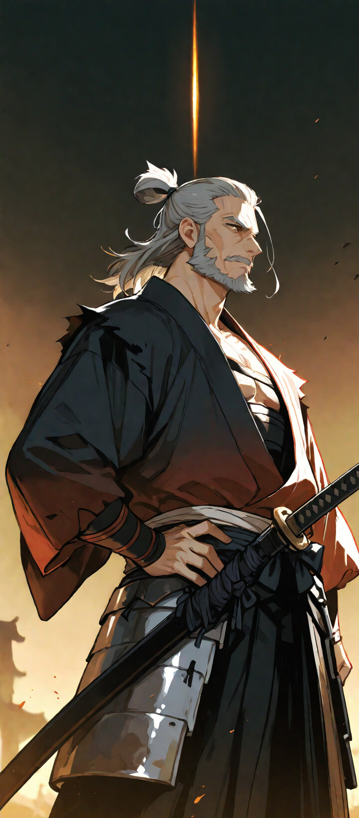 Un’illustrazione in stile anime che raffigura un anziano samurai, muscoloso, con capelli e barba grigi, che indossa un kimono nero e un’armatura parziale, e che si erge con sicurezza su un campo di battaglia all’alba.