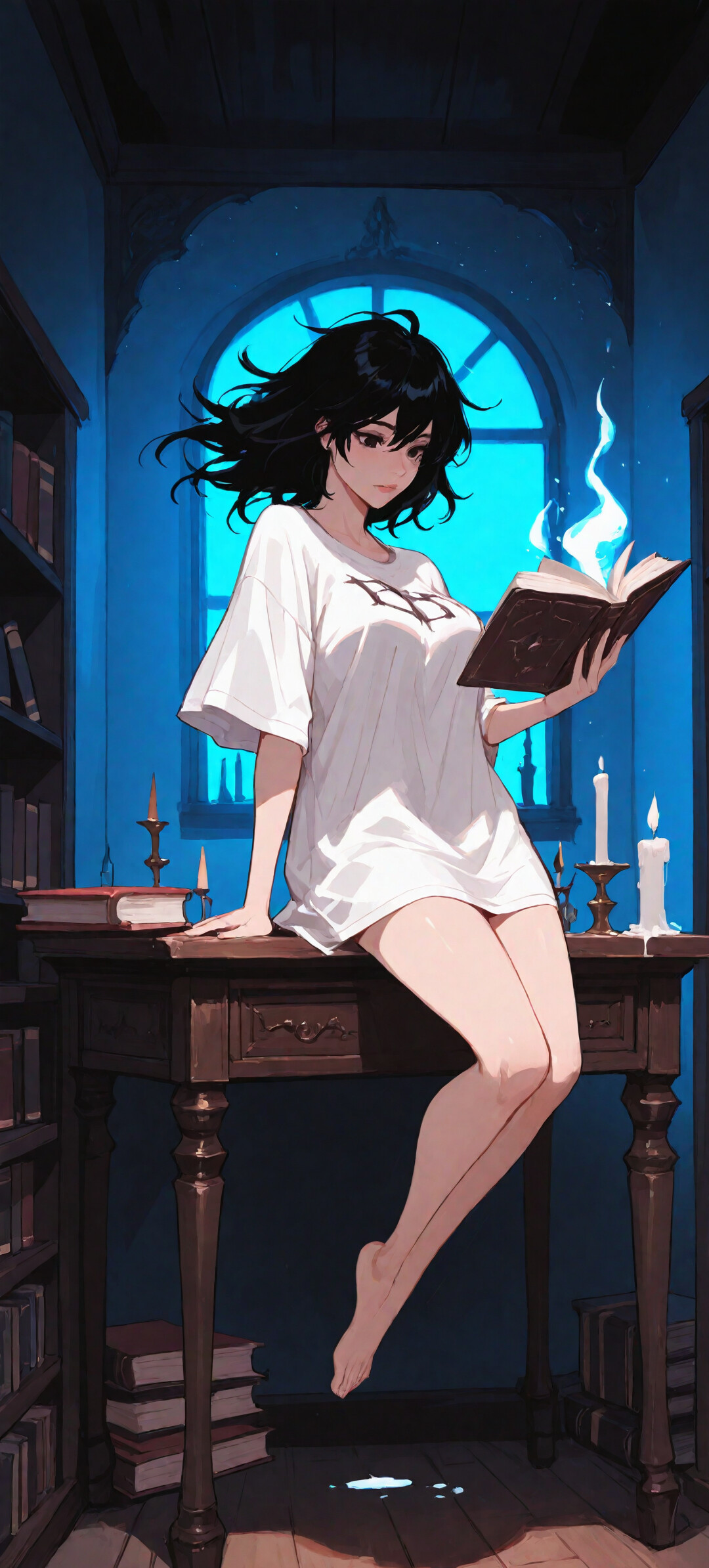 Una giovane donna con i capelli neri corti, che sembra levitare, appare sullo sfondo di uno studio buio illuminato da candele. Indossa una camicia bianca e guarda fuori da una grande finestra, ammirando il cielo notturno stellato, mentre una piccola nuvola blu fluttua sopra la sua testa.