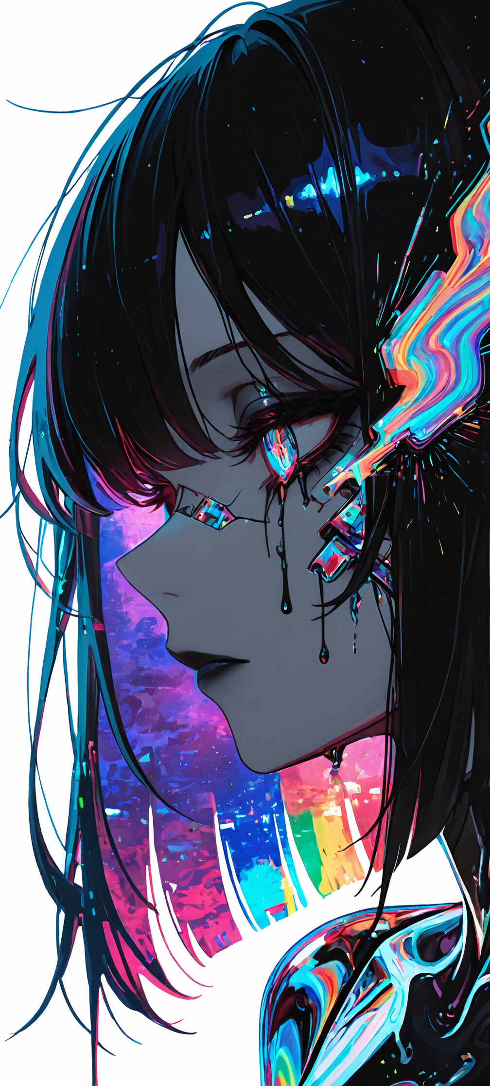 Un ritratto ravvicinato di una ragazza-androide in stile anime, con capelli corti neri e viola. Ha occhi luminosi e multicolori con lacrime nere, un effetto glitch colorato sulla guancia, indossa una tuta cibernetica nera e un vivace auricolare, il tutto su uno sfondo bianco.