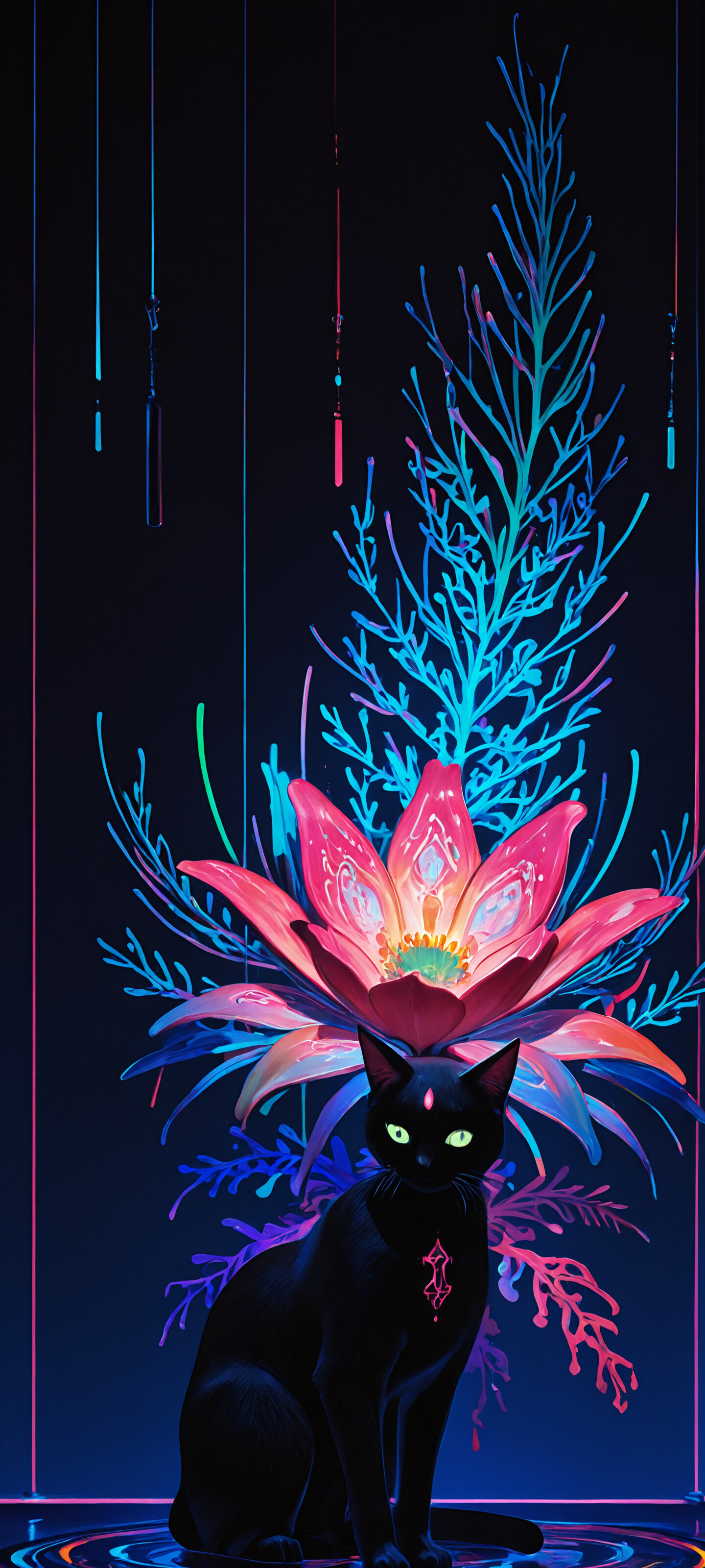 Un gatto nero è in piedi su un pavimento a motivi illuminato da luci al neon, di fronte a un grande vaso che contiene un sontuoso bouquet di fiori, i cui colori rosa e blu brillano vivacemente sullo sfondo scuro e futuristico.