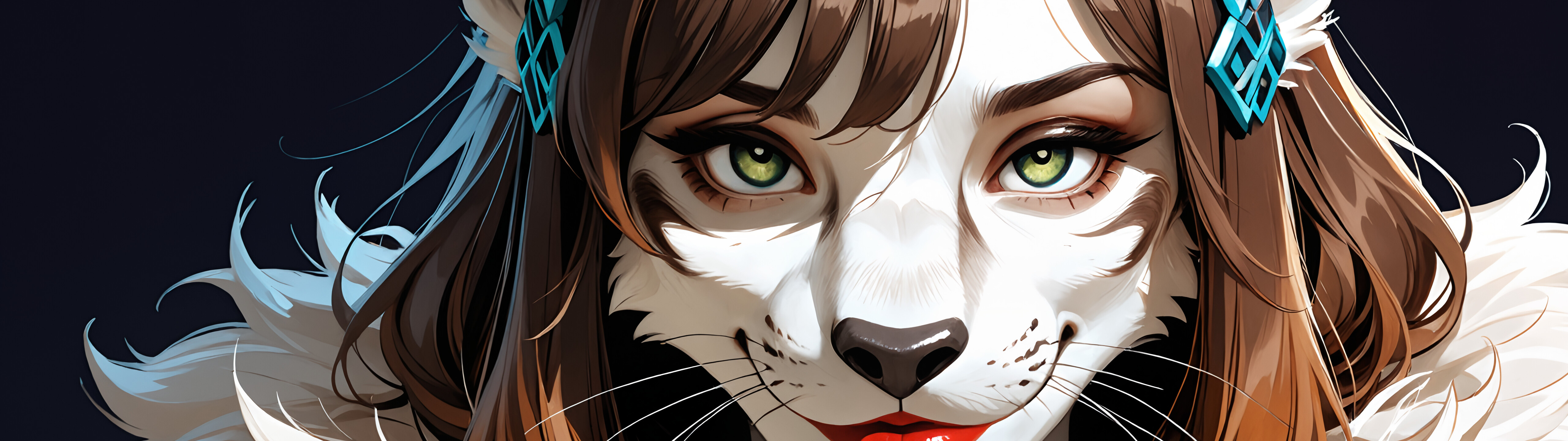 Un ritratto dettagliato di una leoparda antropomorfa di nome Zinx, con lunghi capelli castani, occhi verdi brillanti, labbra rosse e un guanto nero, che sorride dolcemente allo spettatore.