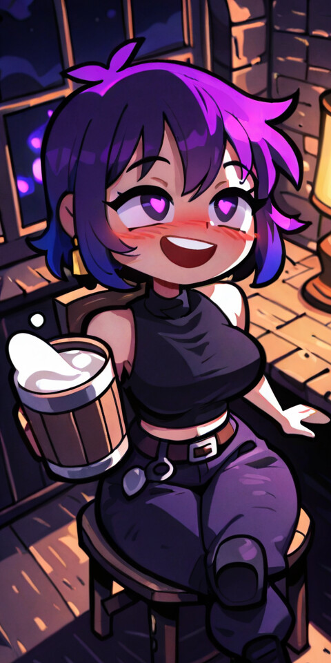Un’illustrazione in stile anime che raffigura una ragazza con i capelli corti, di colore viola e blu, che sorride felicemente mentre tiene in mano una grande tazza di legno piena di birra, in un’accogliente taverna illuminata da candele, di notte.