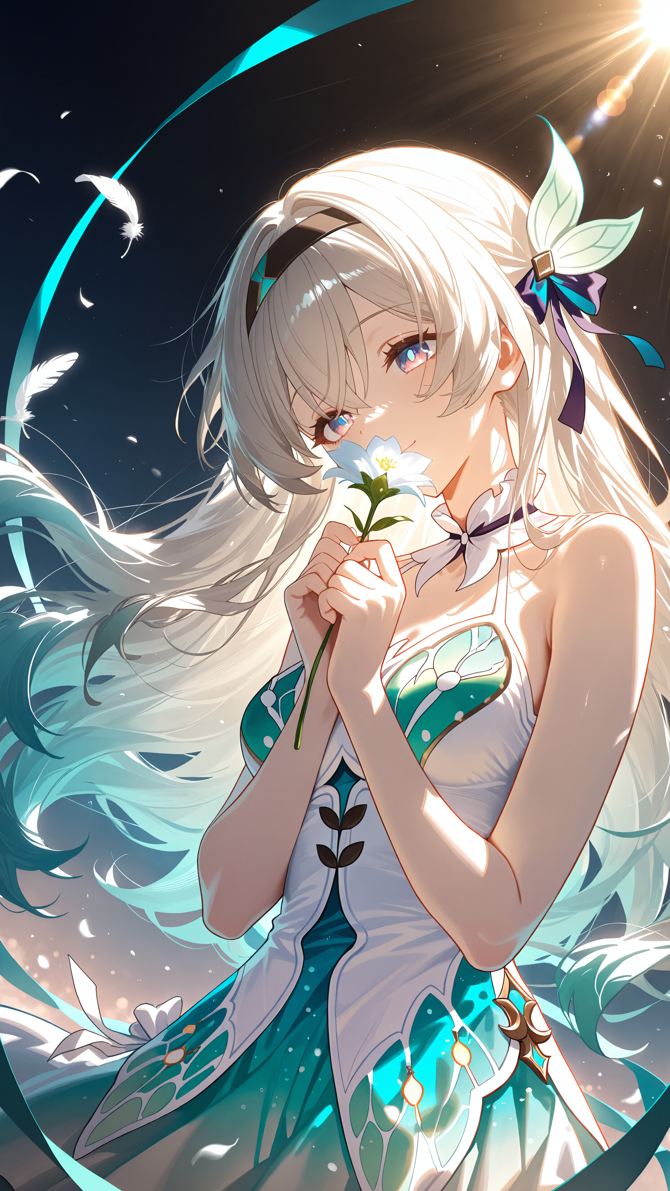 Un’illustrazione in stile anime che raffigura Firefly, personaggio del gioco Honkai: Star Rail. Ha lunghi capelli bianchi e occhi viola, e tiene tra le labbra un piccolo fiore blu, mentre guarda di lato. Indossa un abito bianco e turchese, illuminato da una luce calda e brillante proveniente da dietro.