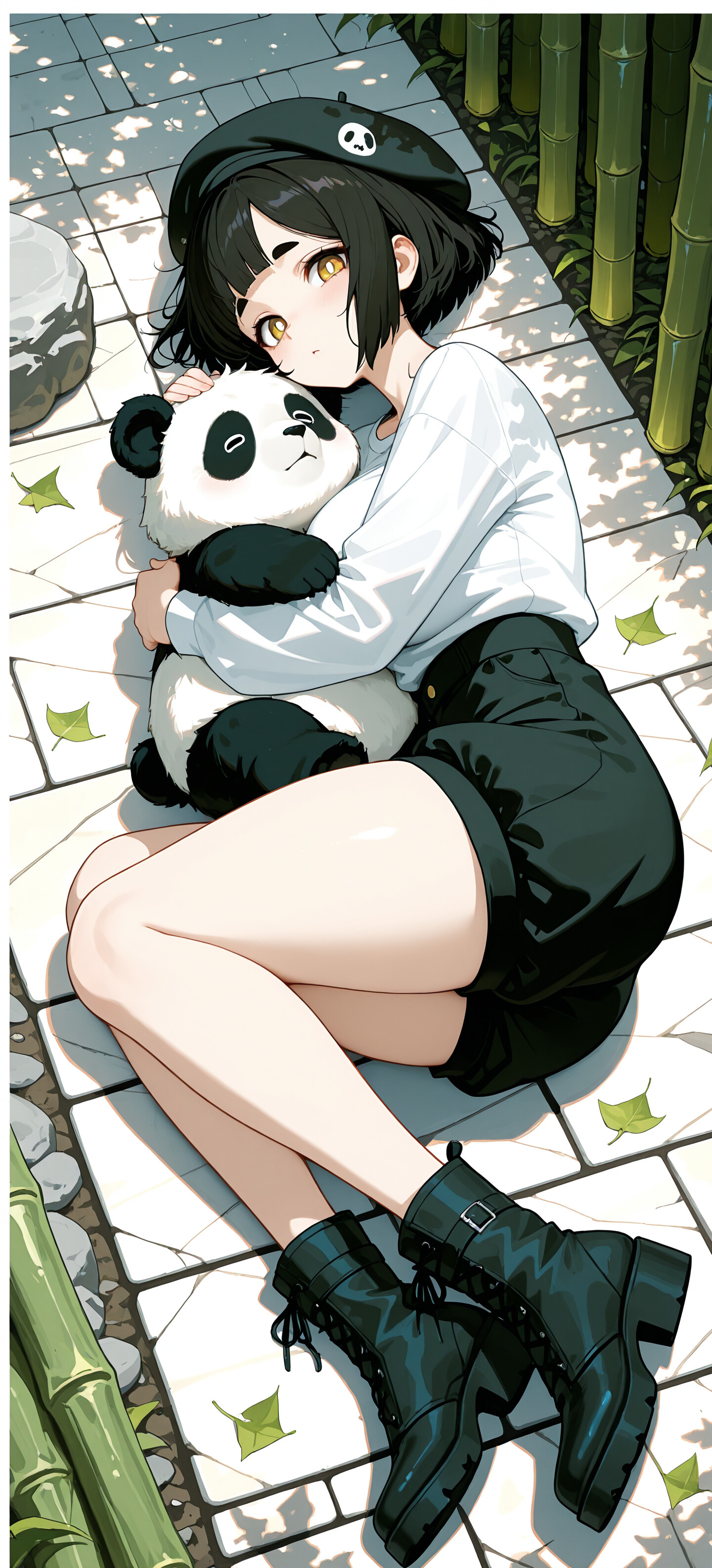 Una ragazza in stile anime, con i capelli neri corti e un berretto a forma di panda, è seduta su un sentiero di pietra in una foresta di bambù e abbraccia teneramente un grande orso panda.