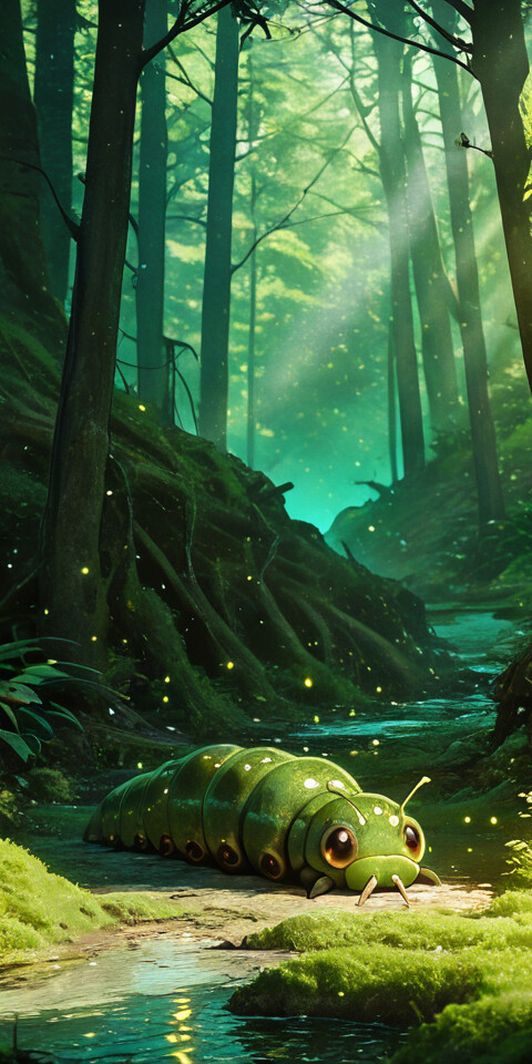 Una ragazza in stile anime, con i capelli castani, indossa un grande costume verde a forma di bruco ed è sdraiata sul terreno muschioso di una foresta incantata, mentre mangia felicemente una foglia, riparata dal dorso della creatura.