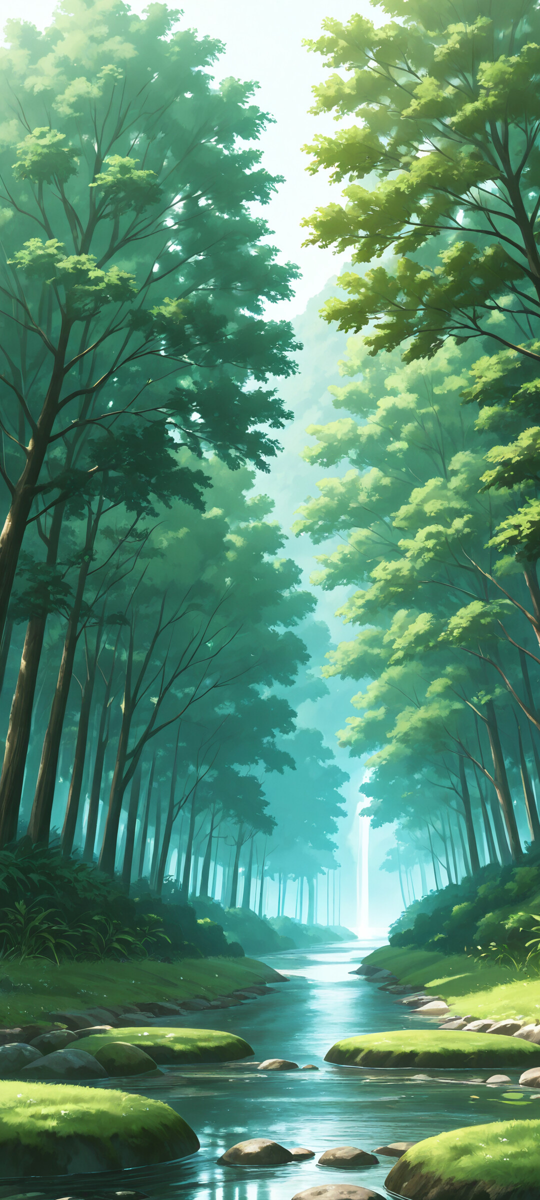 Un paesaggio in stile anime, con un fiume limpido e tranquillo che scorre attraverso una valle verdeggiante, costellata di erba rigogliosa, pini e dolci colline, sotto un cielo azzurro.