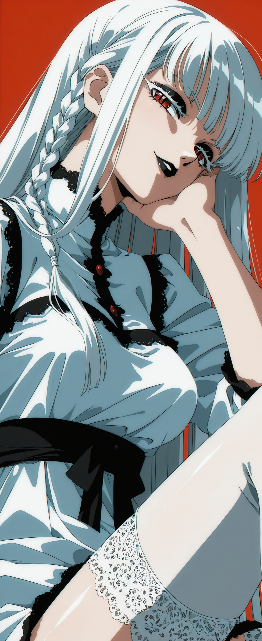 Un’illustrazione ravvicinata di una donna in stile anime, con lunghi capelli bianchi e occhi rossi, su uno sfondo rosso uniforme. Ha il mento appoggiato sulla mano, che a sua volta è appoggiata sul ginocchio, e guarda lo spettatore con un leggero sorriso compiaciuto. Indossa un rossetto nero e un top nero in pizzo.