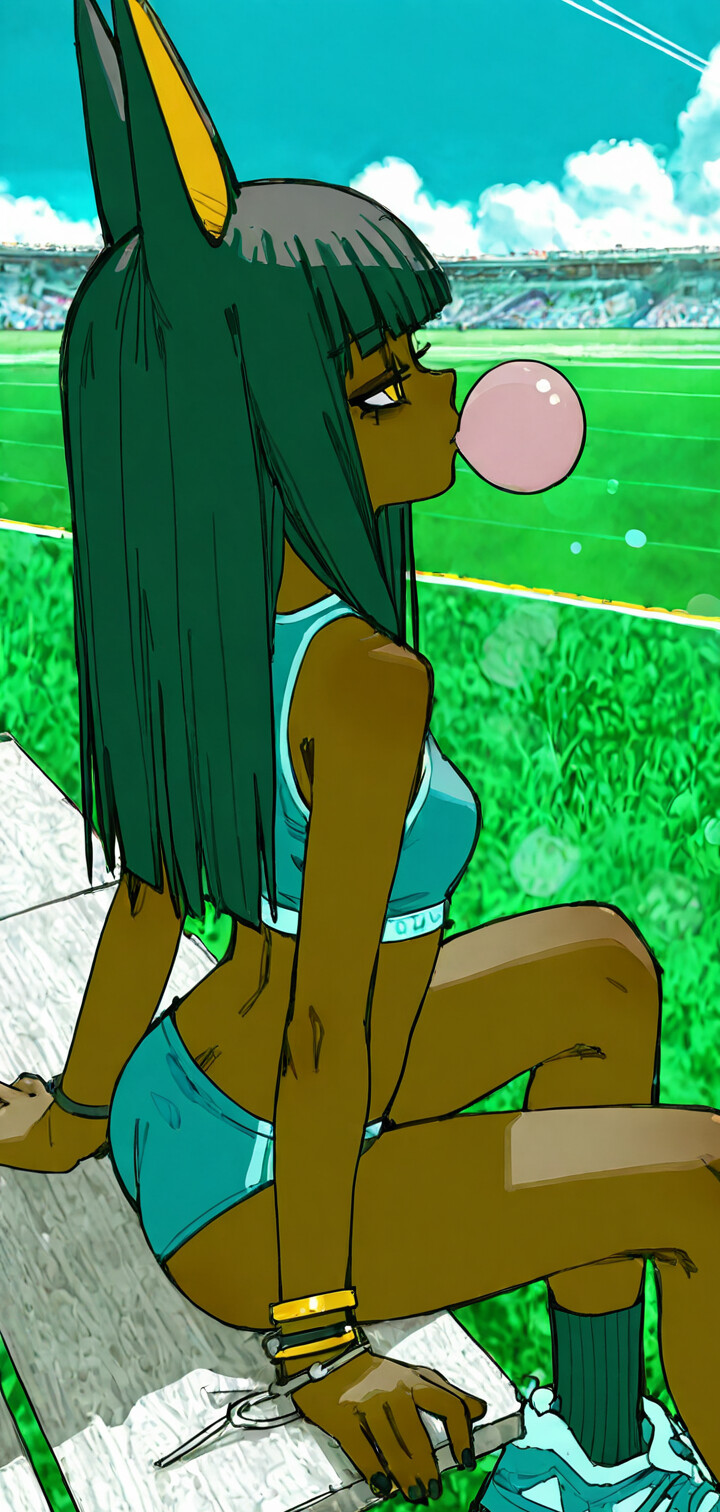 Un’illustrazione di Ankha, personaggio del videogioco Animal Crossing, raffigurata come una ragazza umana con la pelle scura, i capelli neri e grandi orecchie da sciacallo, che indossa un completo sportivo blu e sta soffiando delle bolle di gomma da masticare in uno stadio soleggiato.