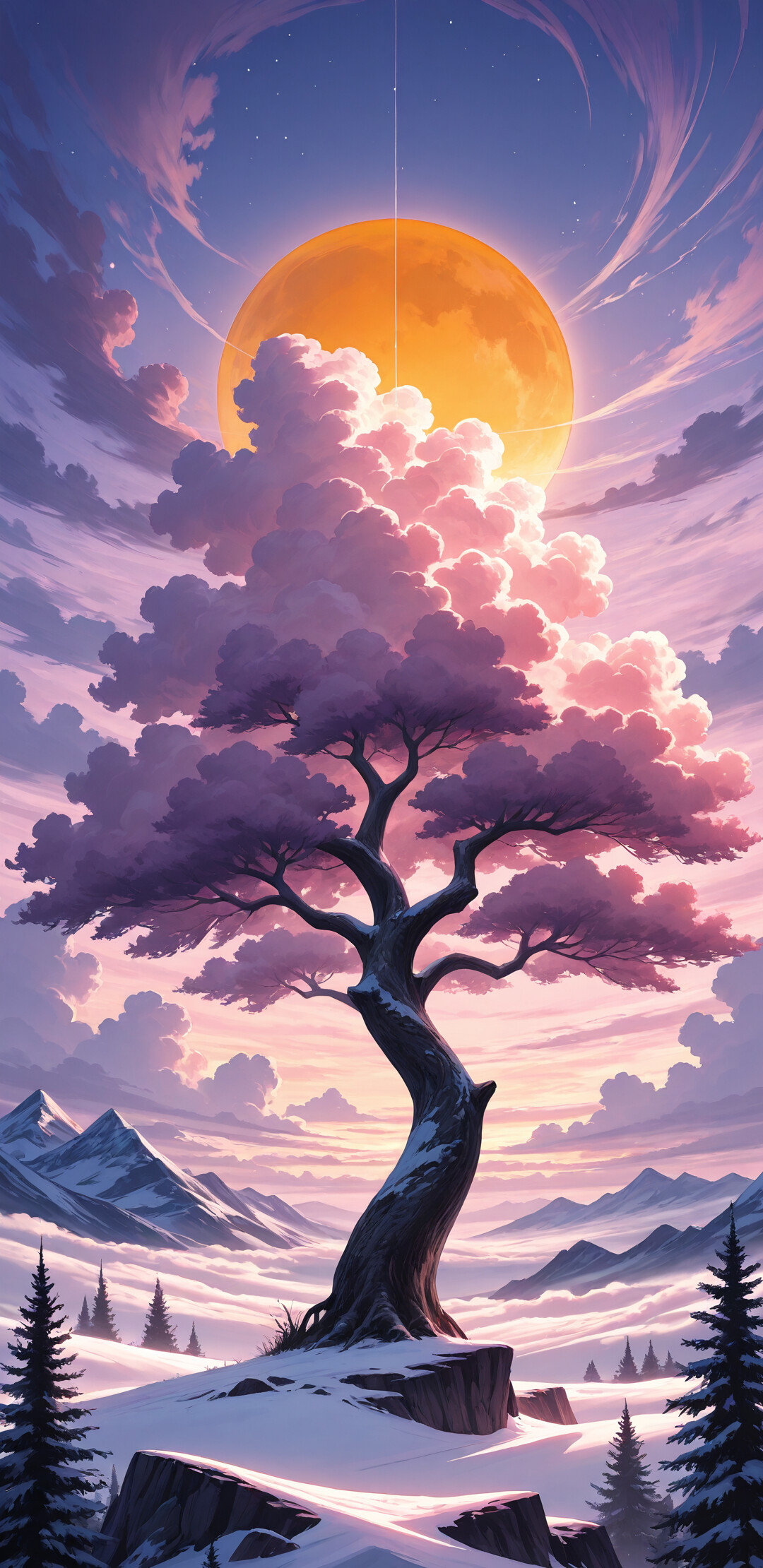 Un maestoso pino stagliato contro un cielo al tramonto dai colori vivaci, tra il viola e il rosa, si erge su una scogliera innevata, da cui si può ammirare una catena montuosa. Sopra, una stella brillante e scie luminose celesti illuminano il cielo.